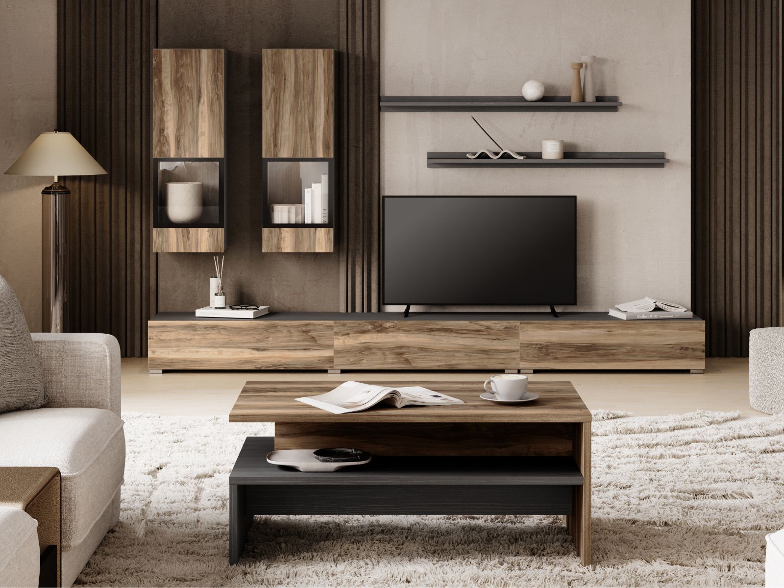 Mur tv-hifi BABEL 5 portes noyer/chêne grisé avec table basse