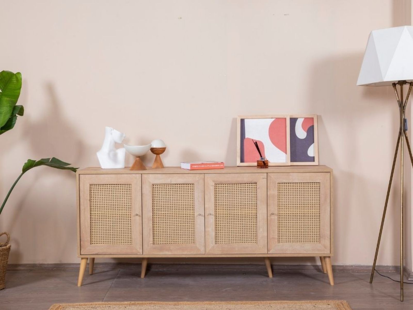 Buffet/bahut GREY 4 portes chêne avec rotin