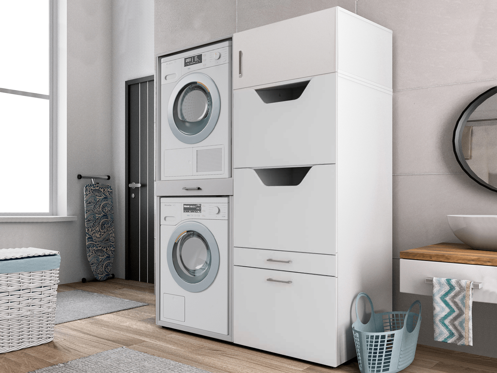 Meuble WASHING 2 machines superposé avec 1 armoire linge LARGE blanc