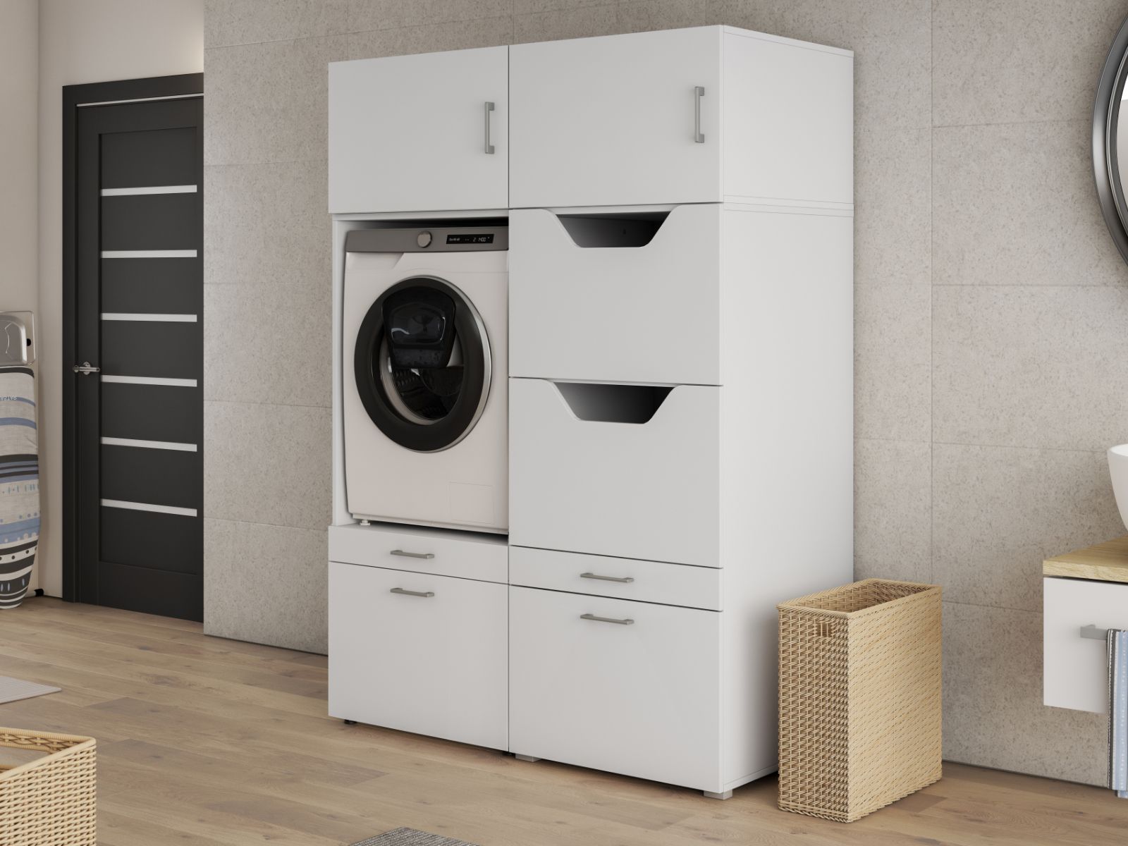 Meuble WASHING 1 machine avec armoire linge LARGE blanc