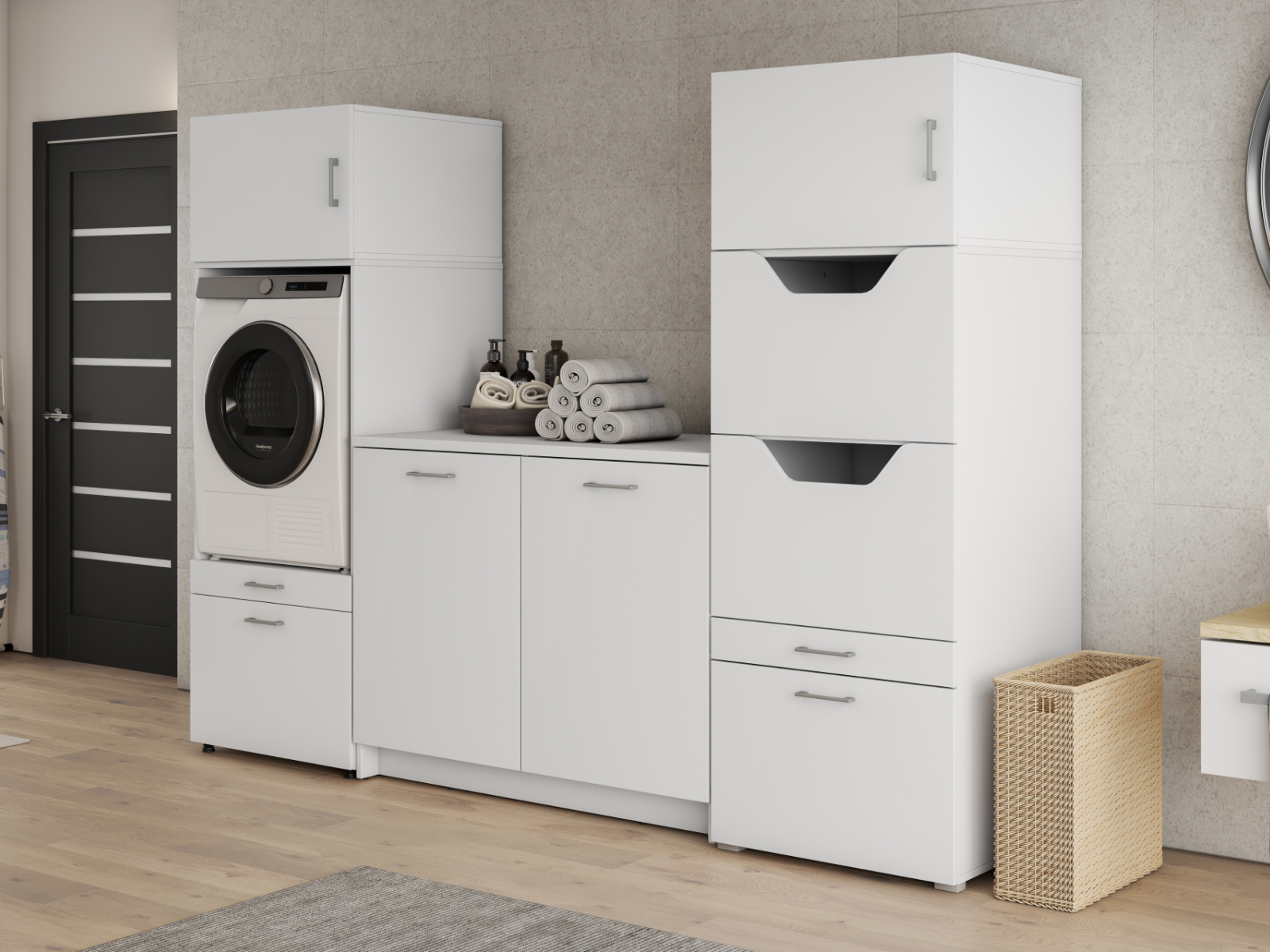 Meuble WASHING 1 machine avec armoire linge et meuble bas LARGE blanc