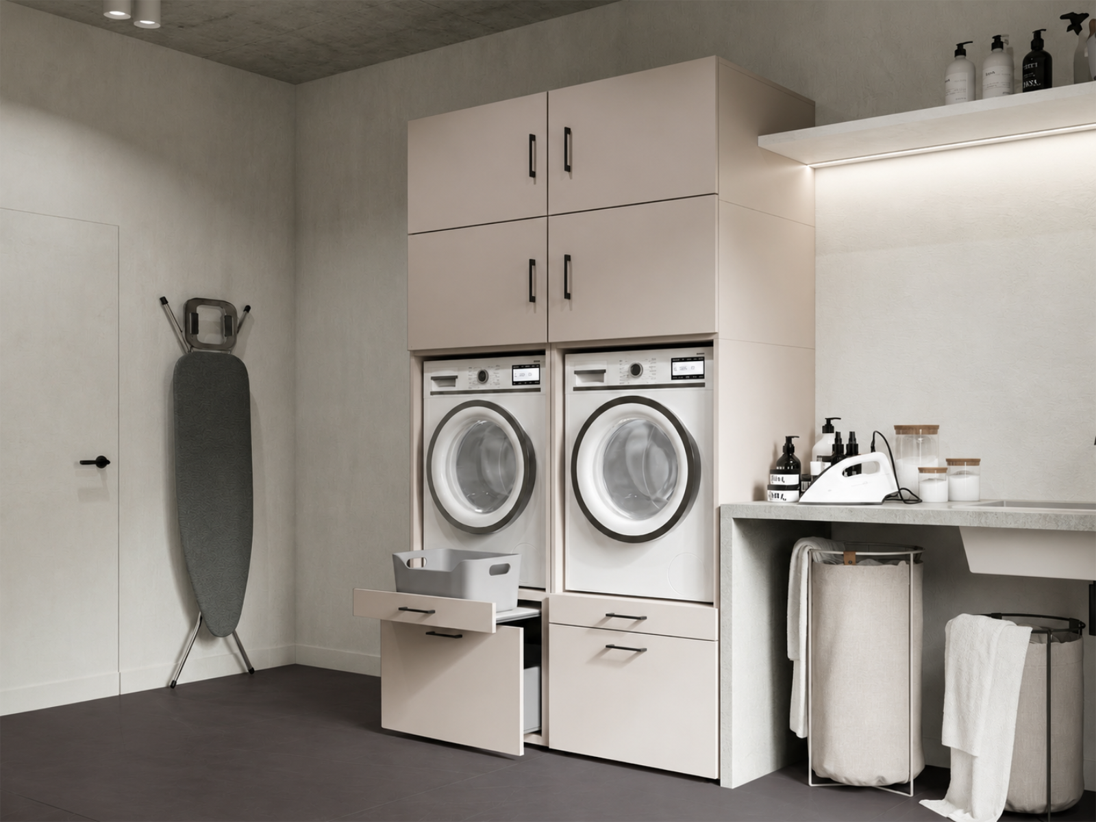 Meuble WASHING 2 machines côte à côte cachemire avec 4 surmeubles