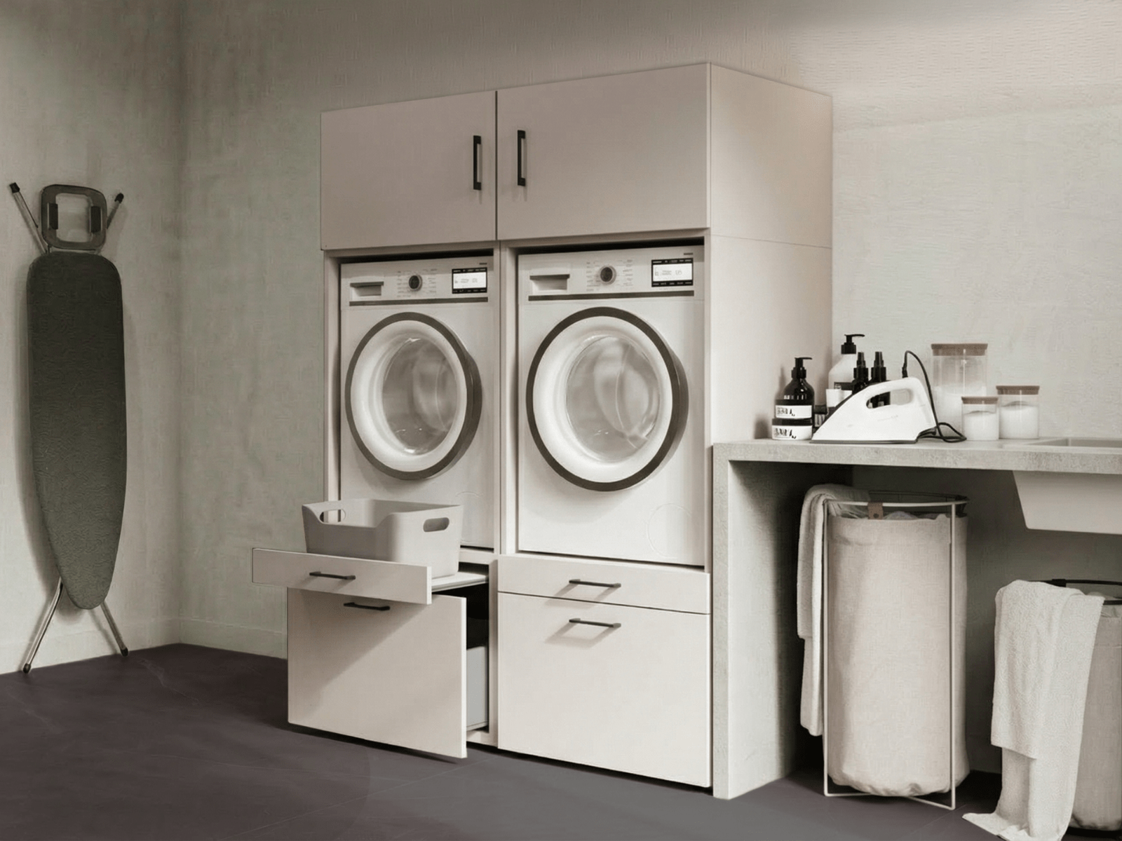 Meuble WASHING 2 machines côte à côte cachemire avec 2 surmeubles