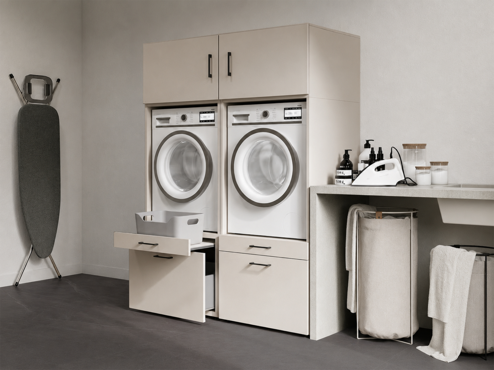 Meuble WASHING 2 machines côte à côte cachemire avec 2 surmeubles