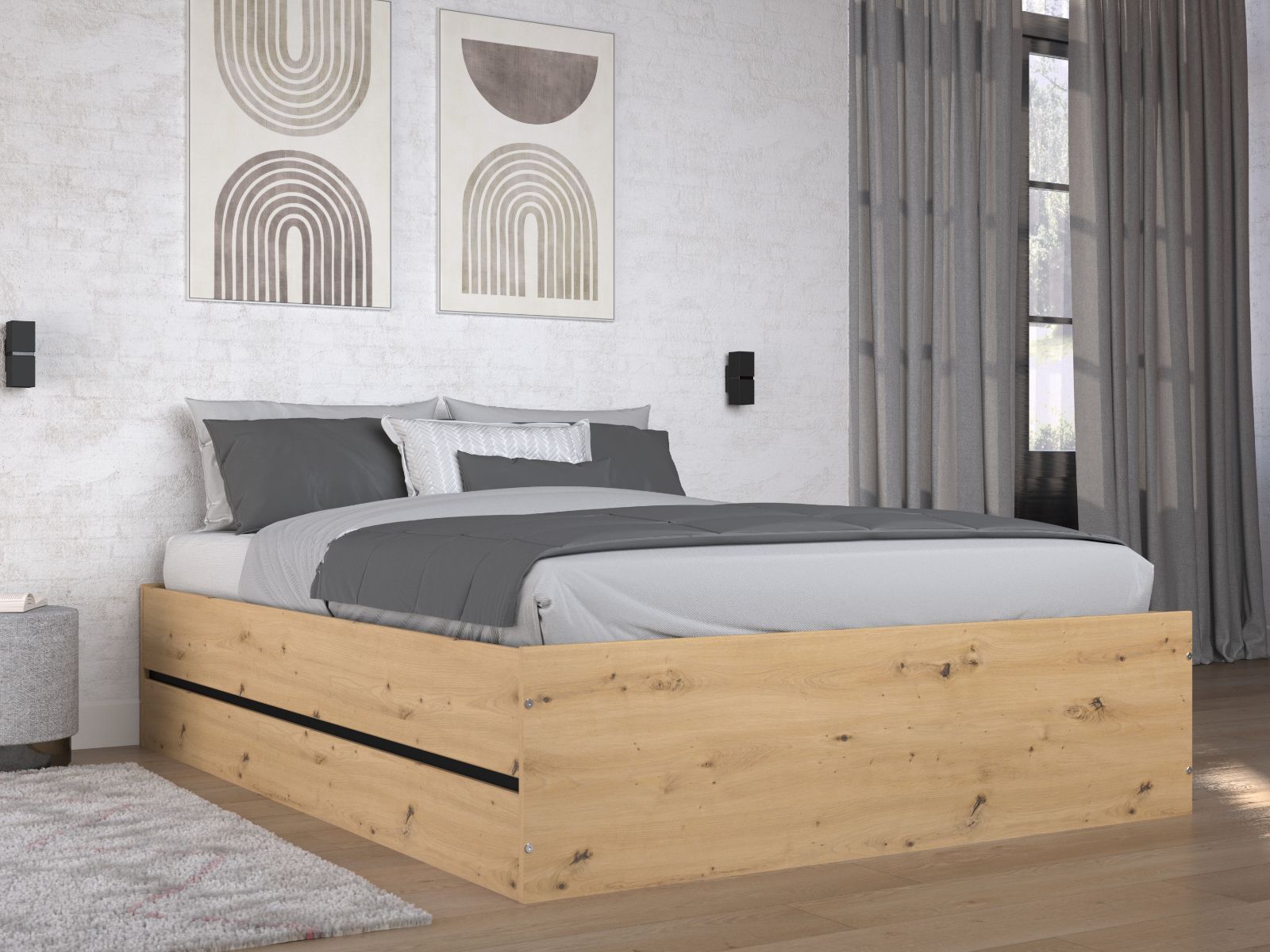 Lit coffre SAMMY 140x190 cm chêne artisan/noir