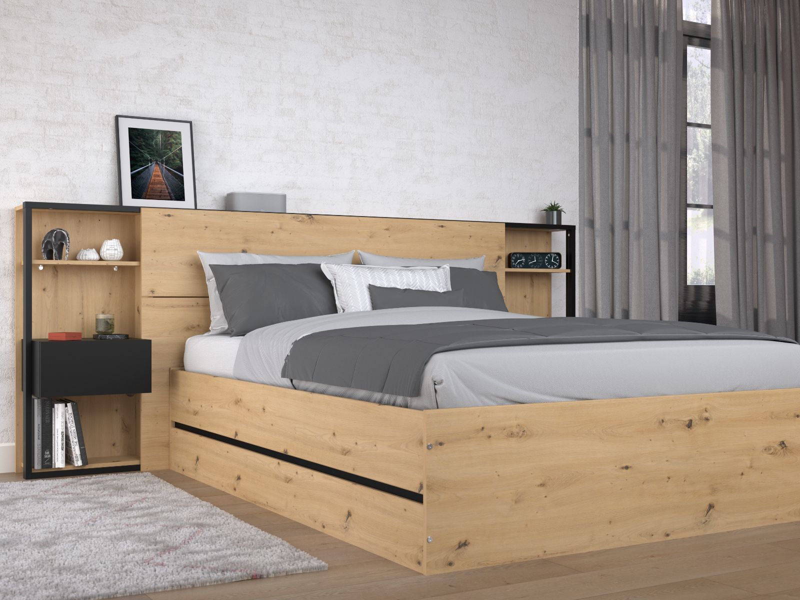 Lit coffre SAMMY 140x190 cm chêne artisan/noir avec tête de lit et chevets