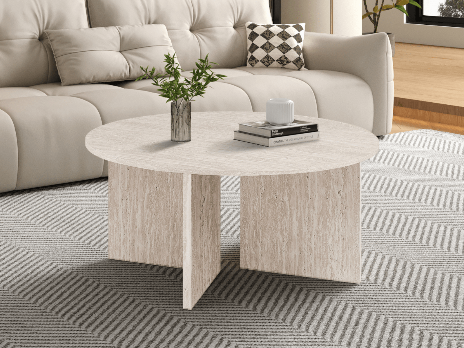 Table basse LIBA ronde 90 cm décor travertin beige