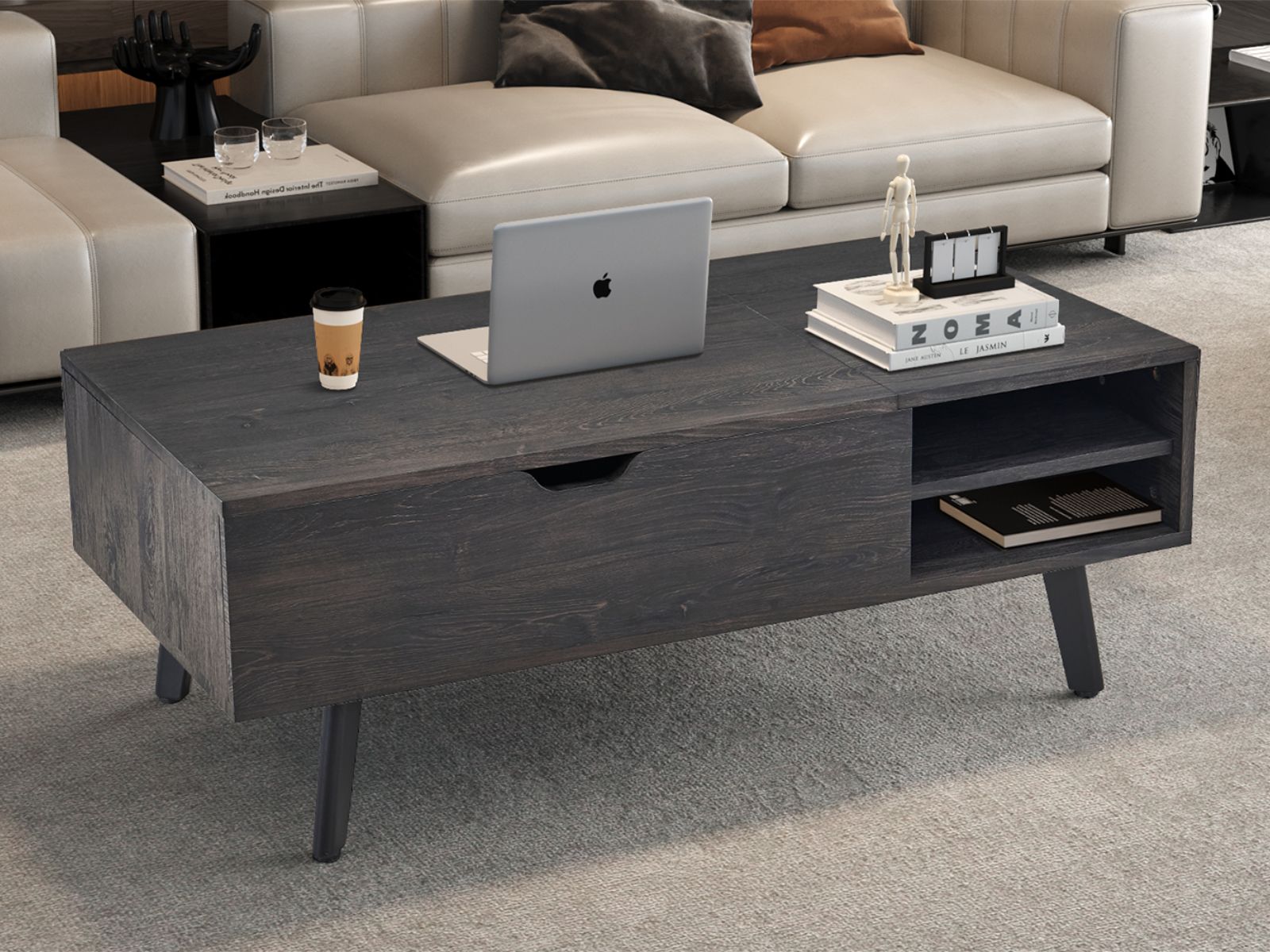 Table basse JUSTORA avec plateau relevable brun foncé
