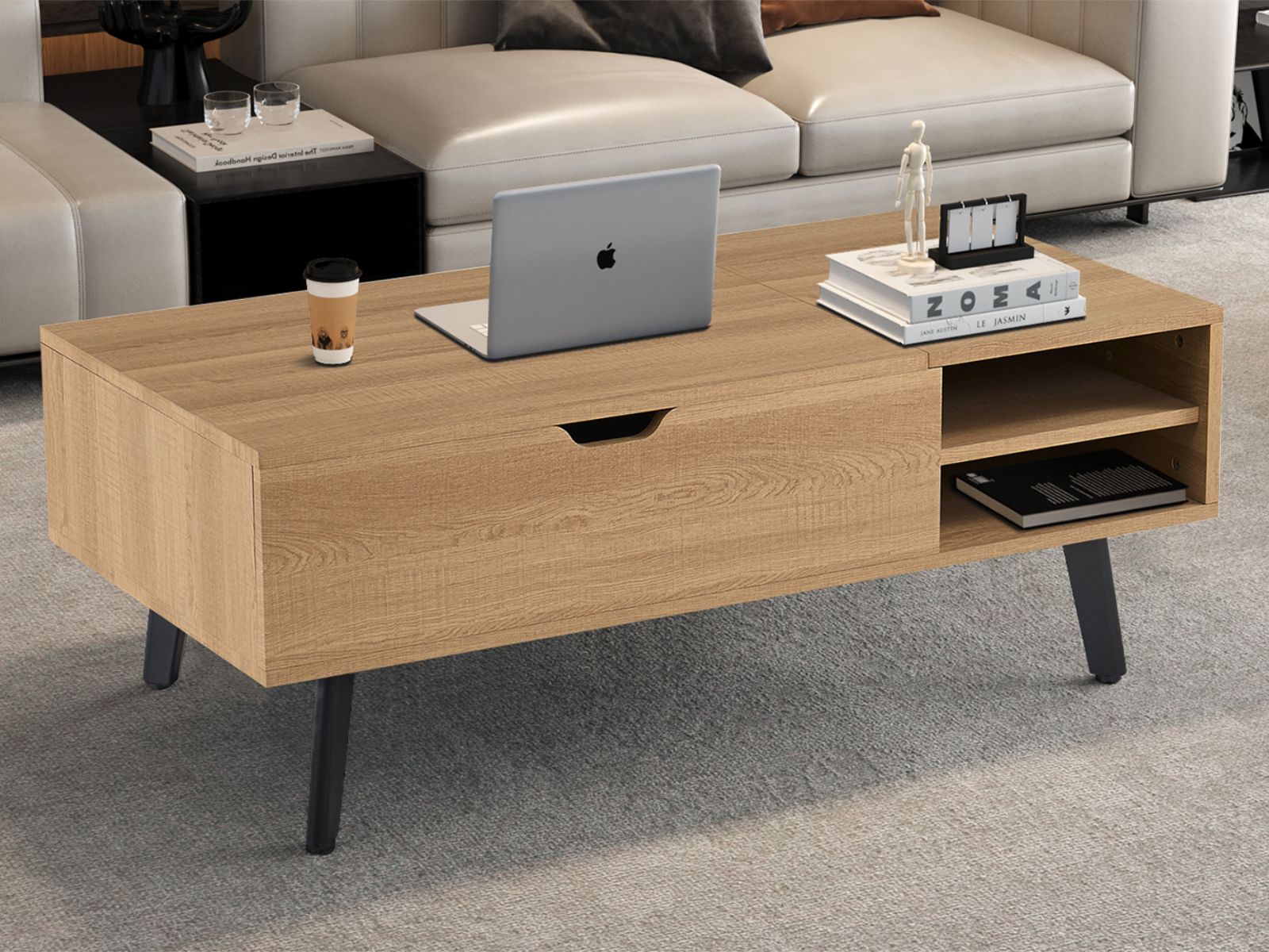 Table basse JUSTORA avec plateau relevable chêne naturel