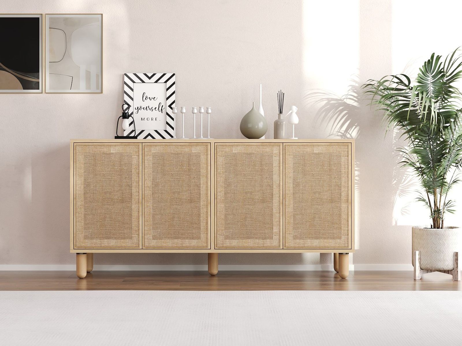 Buffet/bahut LETU 4 portes chêne saphire avec toile de jute