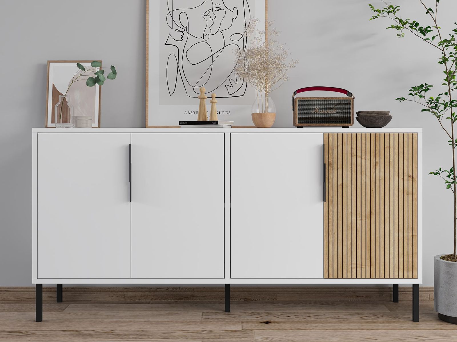 Buffet/bahut CALISSE 4 portes blanc/chêne saphire