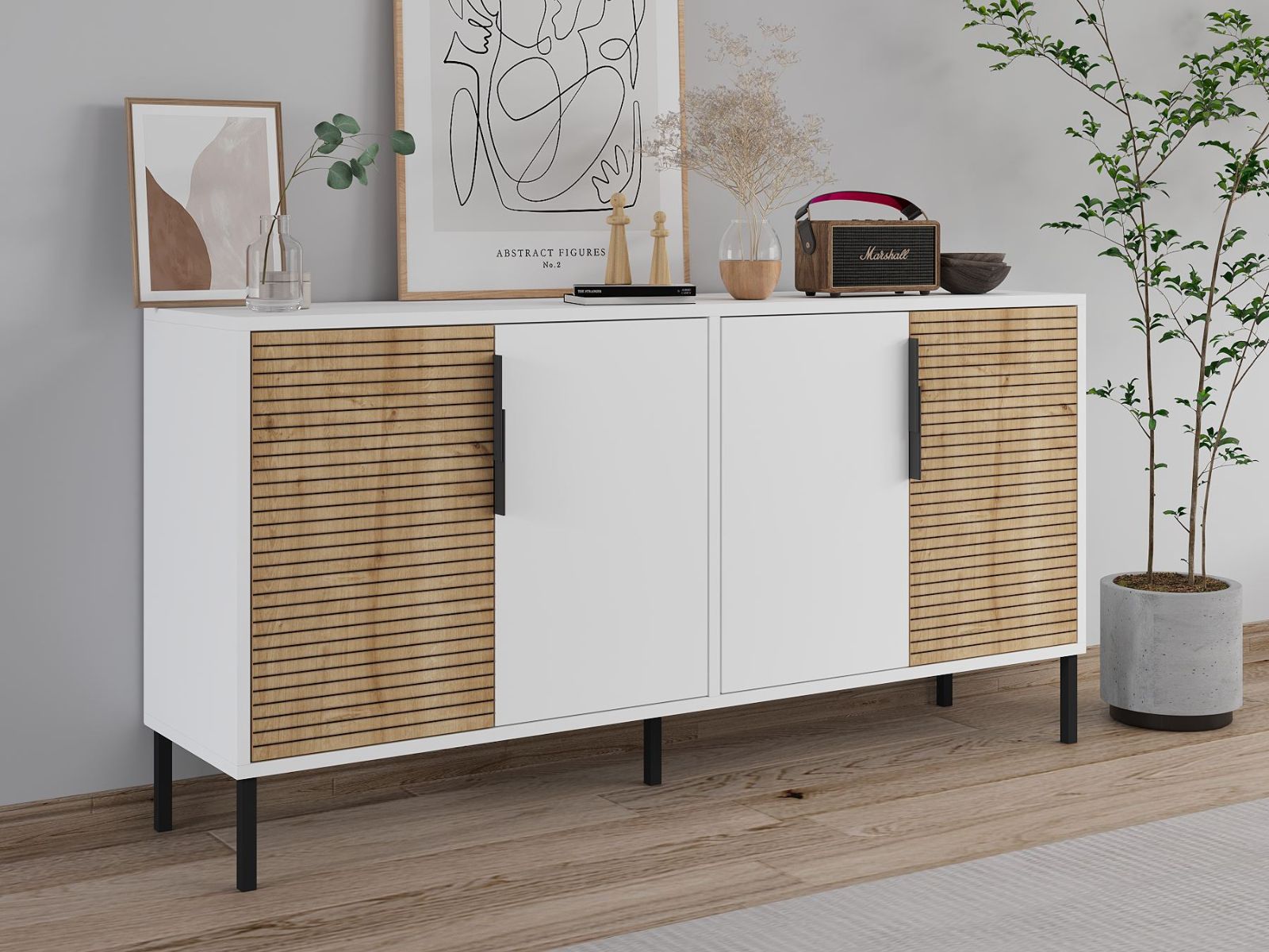 Buffet/bahut ZERRARI 4 portes blanc/chêne saphire