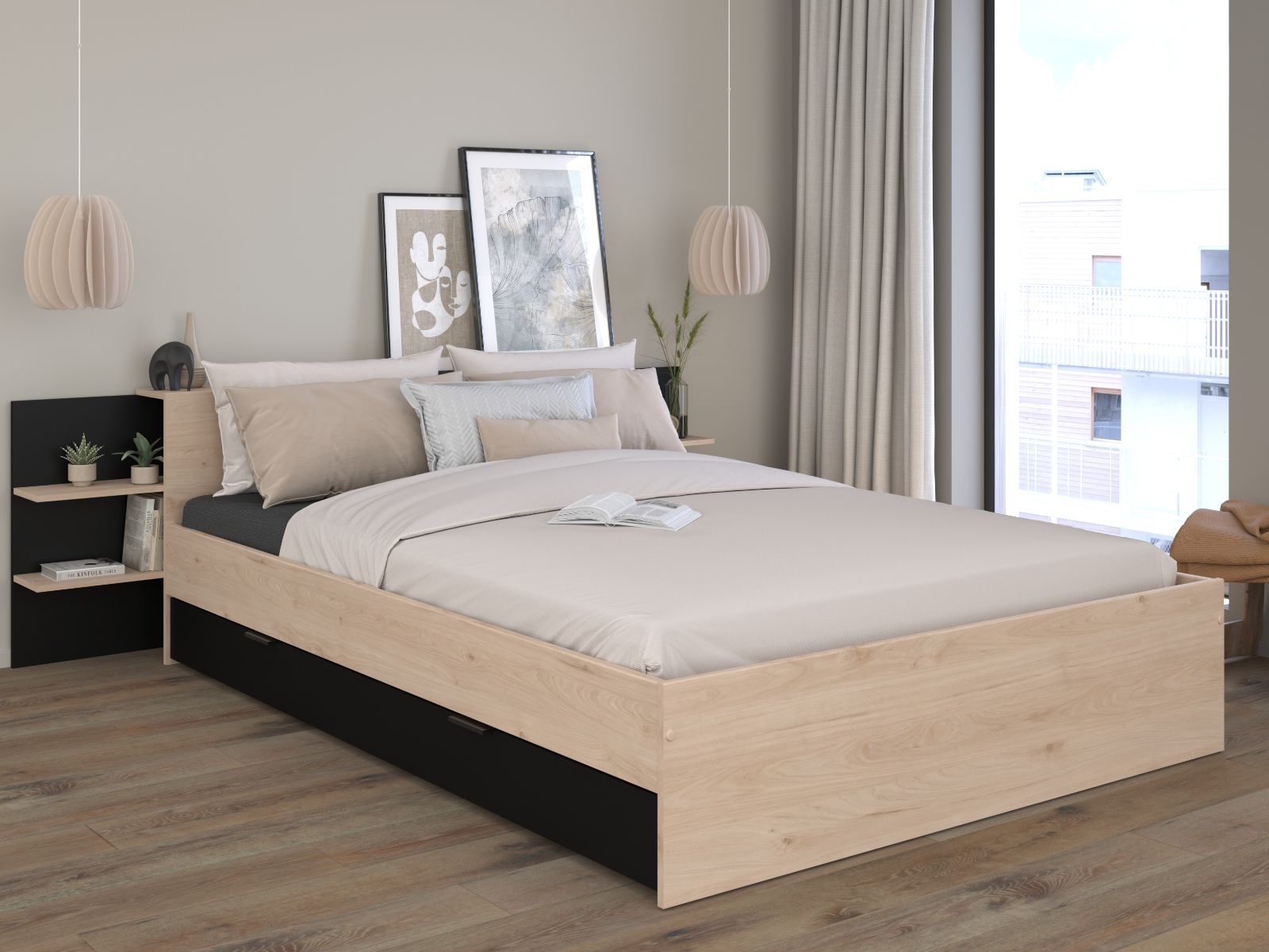 Lit HORNET  140x200 cm chêne jackson/noir avec tête de lit