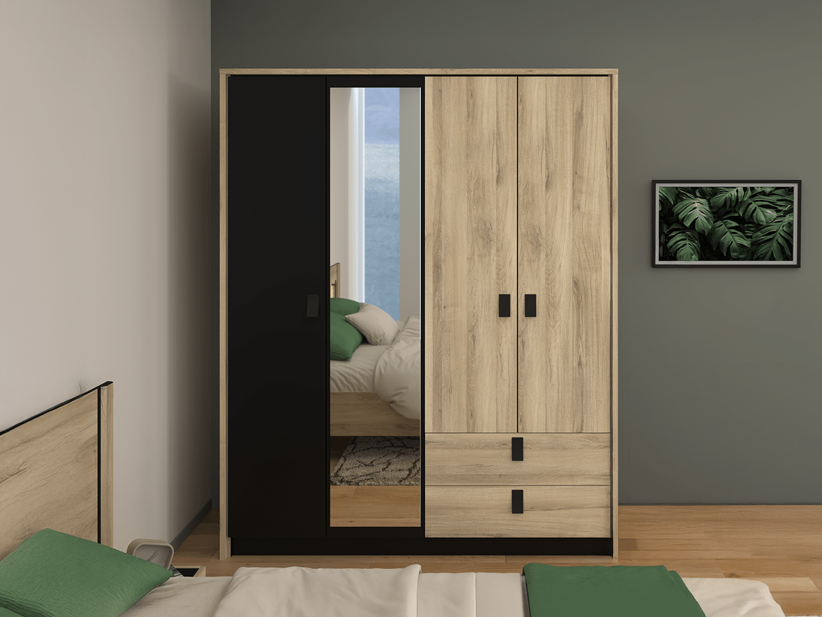 Armoire KYAN 4 portes 2 tiroirs chêne krönberg/noir