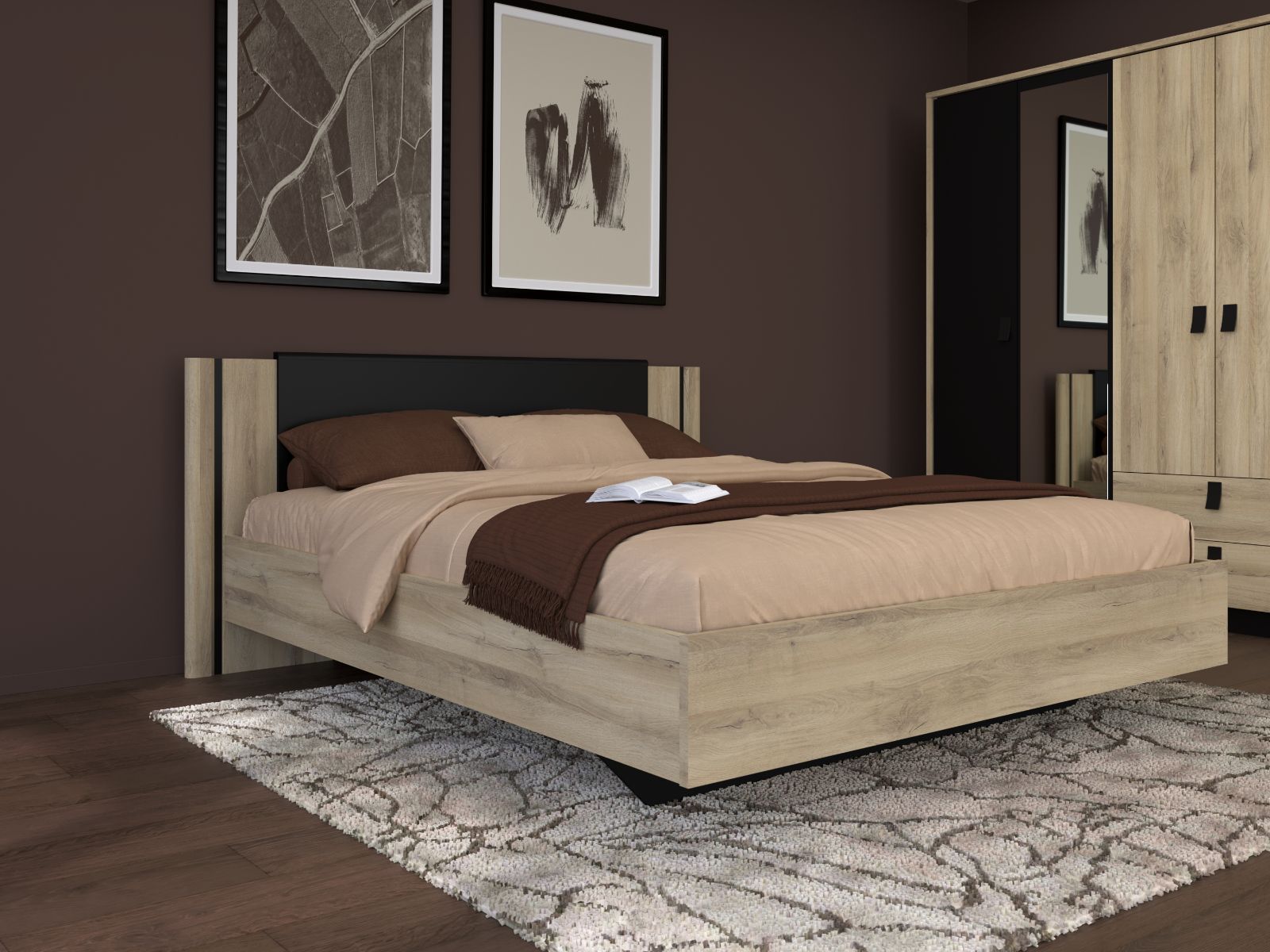 Lit KYAN 140x190 chêne krönberg/noir