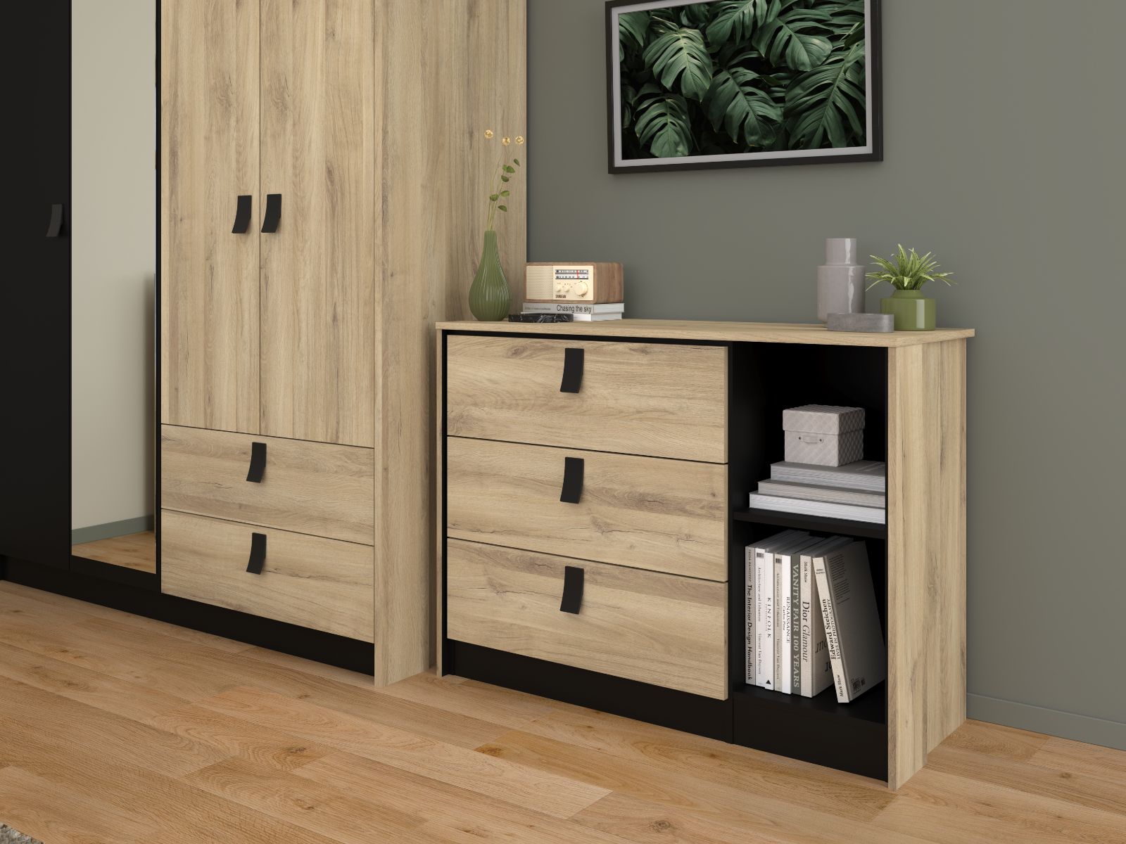 Commode KYAN 3 tiroirs 2 niches chêne krönberg/noir