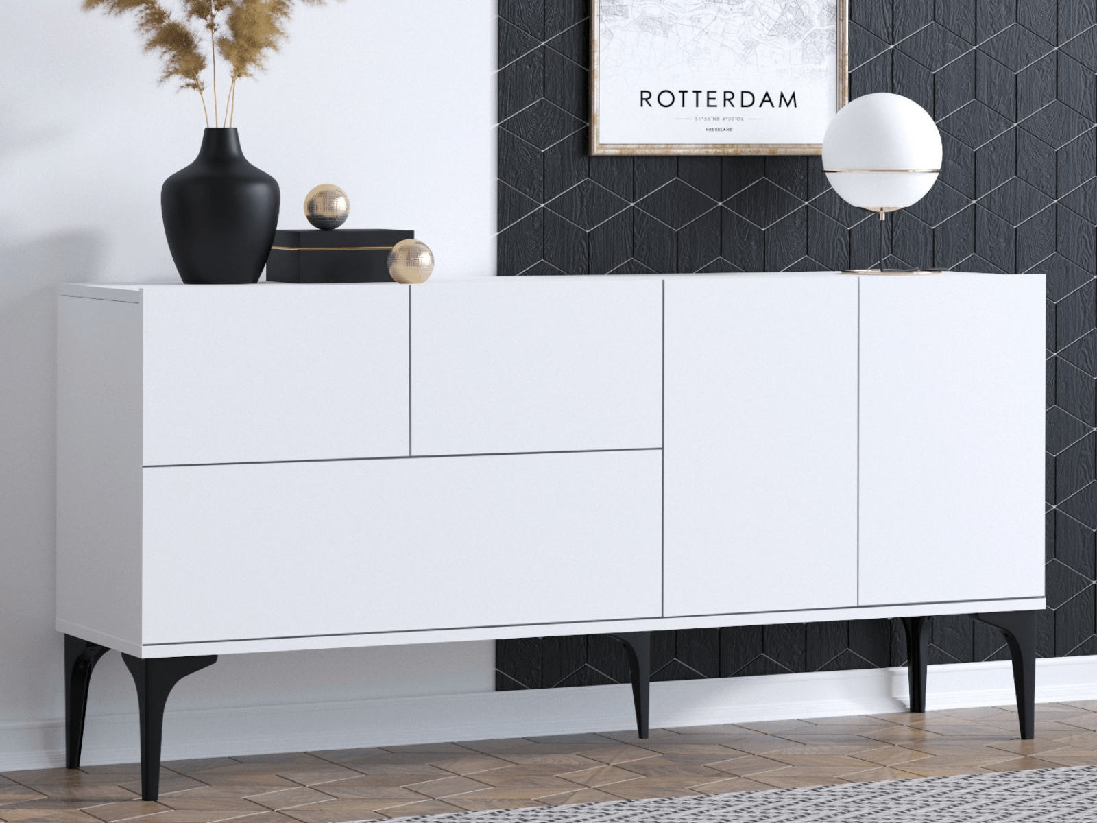 Buffet/bahut GLISIANNE 5 portes blanc/noir