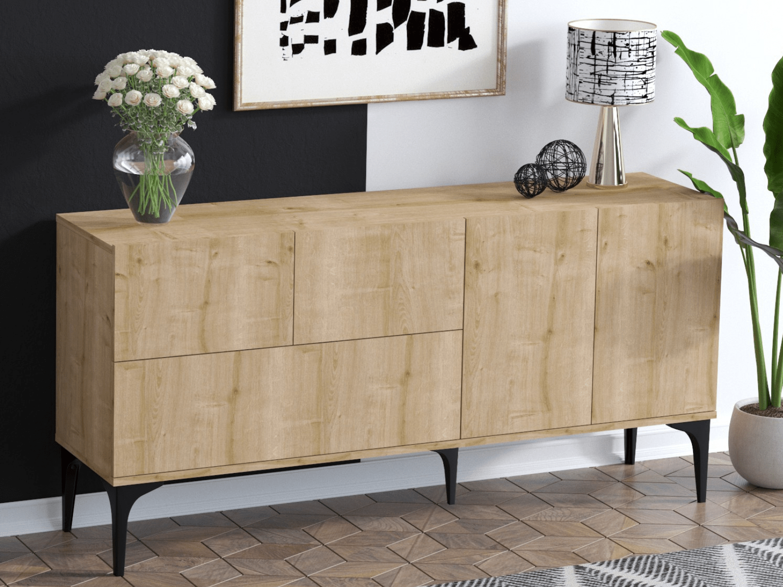 Buffet/bahut THERESA 5 portes chêne/noir