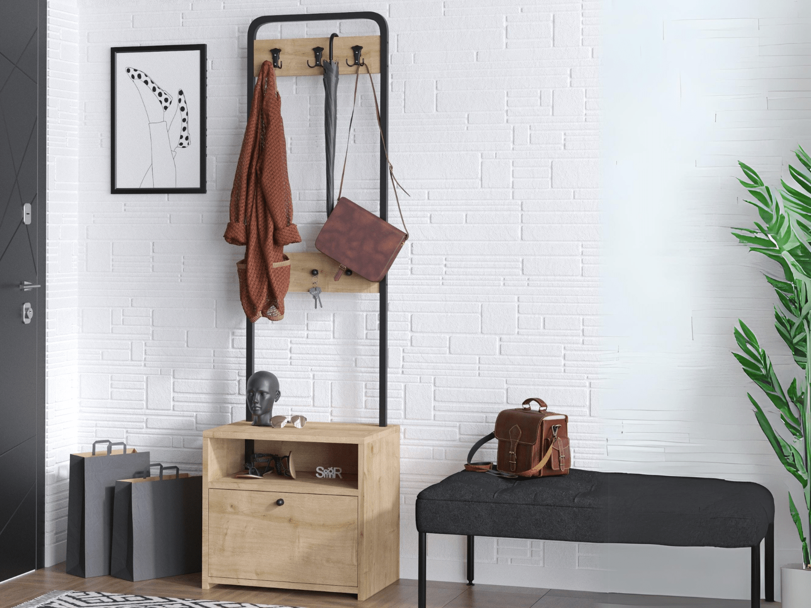 Porte-manteau BRYNN 9 crochets chêne saphir