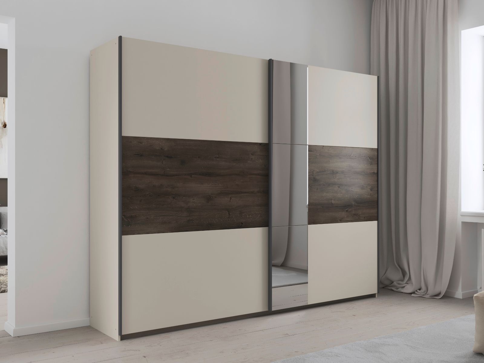 Armoire SAJORIS 2 portes coulissantes 261 cm cachemire/chêne atlantique avec miroir