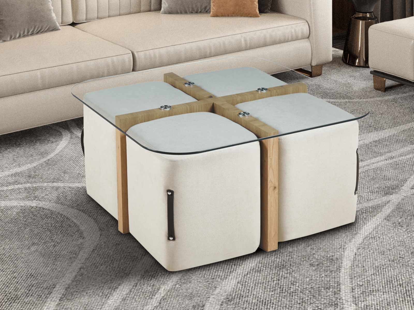 Table basse avec 4 poufs SHIRA chêne vieilli
