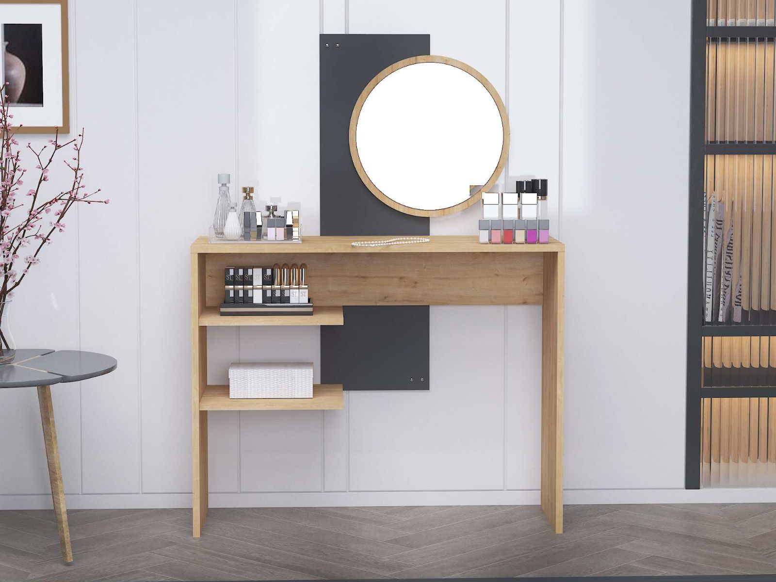 Coiffeuse DALICATE 2 étagères chêne saphire/anthracite