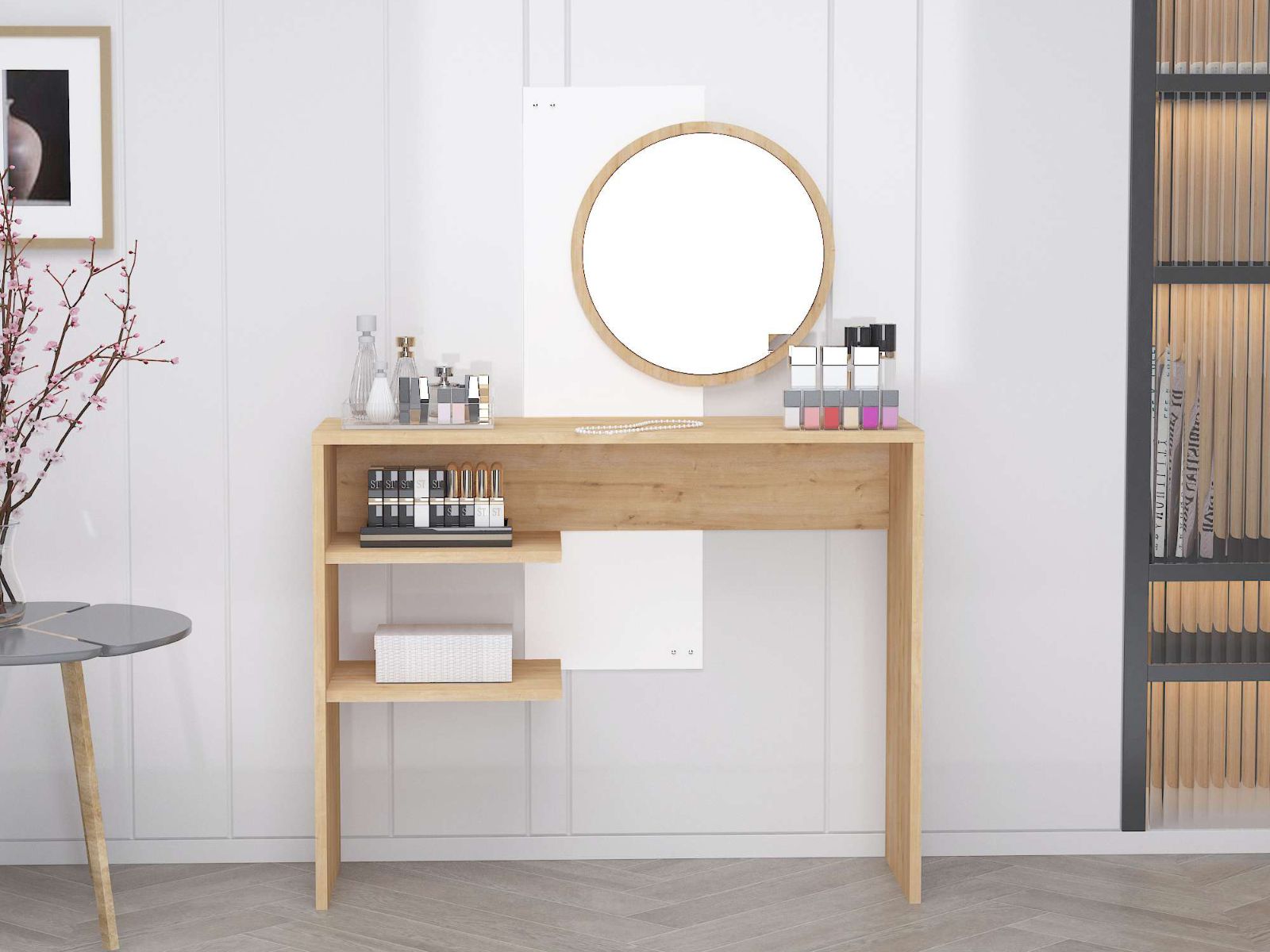 Coiffeuse DALICATE 2 étagères chêne saphire/blanc