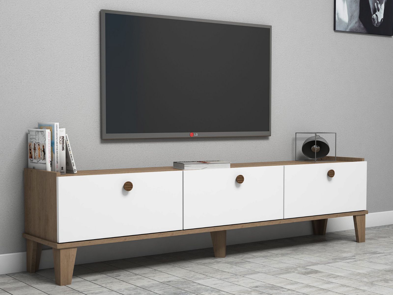 Meuble tv-hifi SUMONIA 3 portes chêne/blanc
