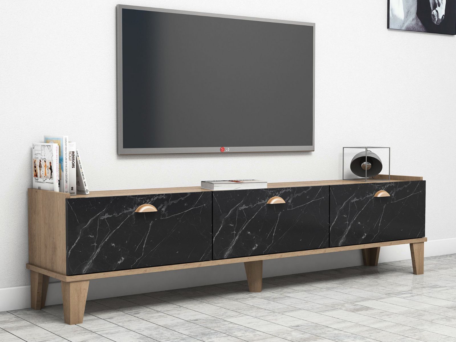 Meuble tv-hifi SUMONIA 3 portes chêne/noir marbré