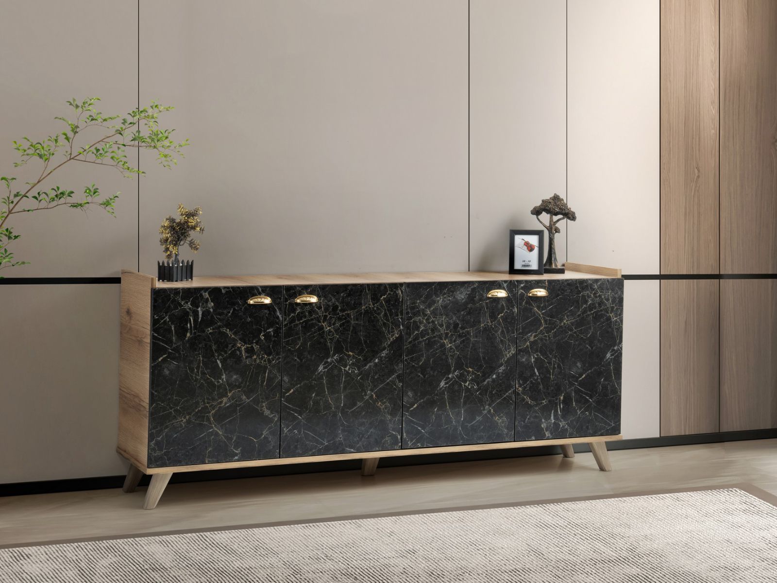 Buffet/bahut SUMONIA 4 portes chêne/noir marbré