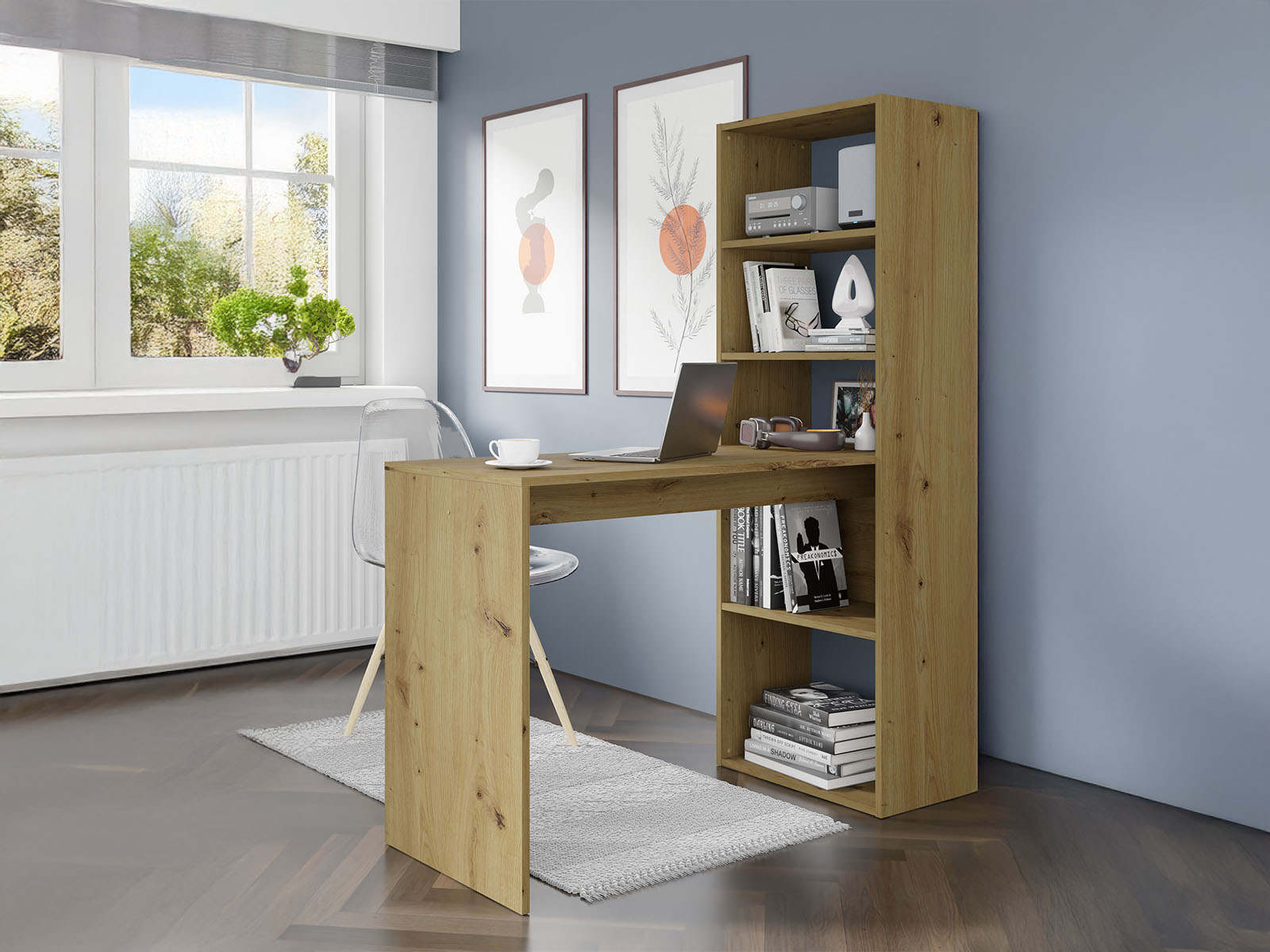 Bureau avec étagère HARMO 120 cm chêne artisan