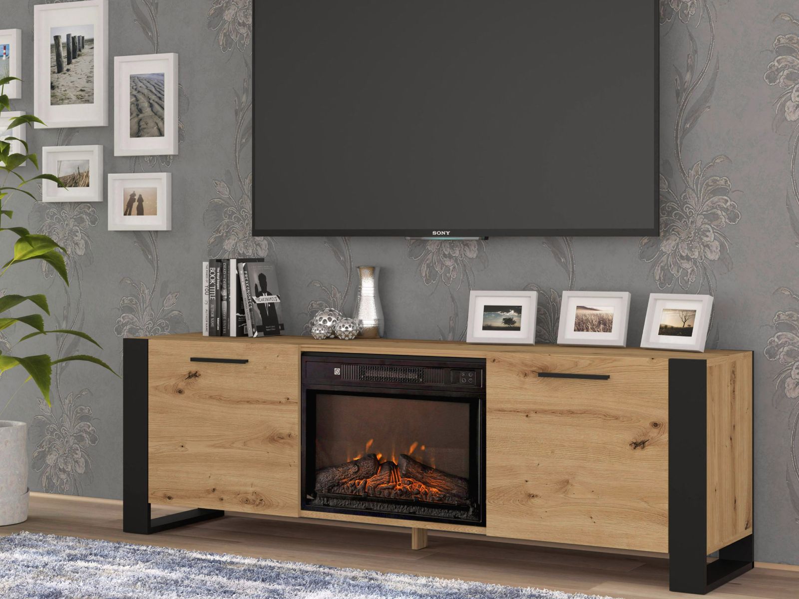 Meuble tv-hifi cheminée NAKUMI 2 portes chêne artisan