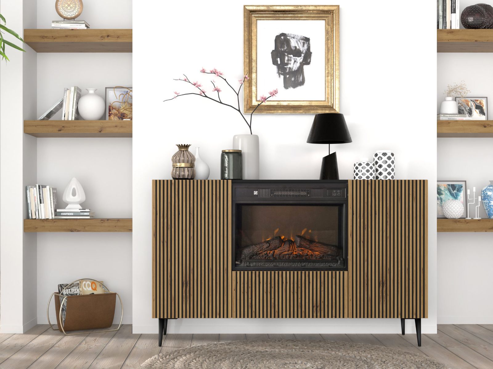 Buffet/bahut cheminée RAVAGE 3 portes noir/chêne artisan