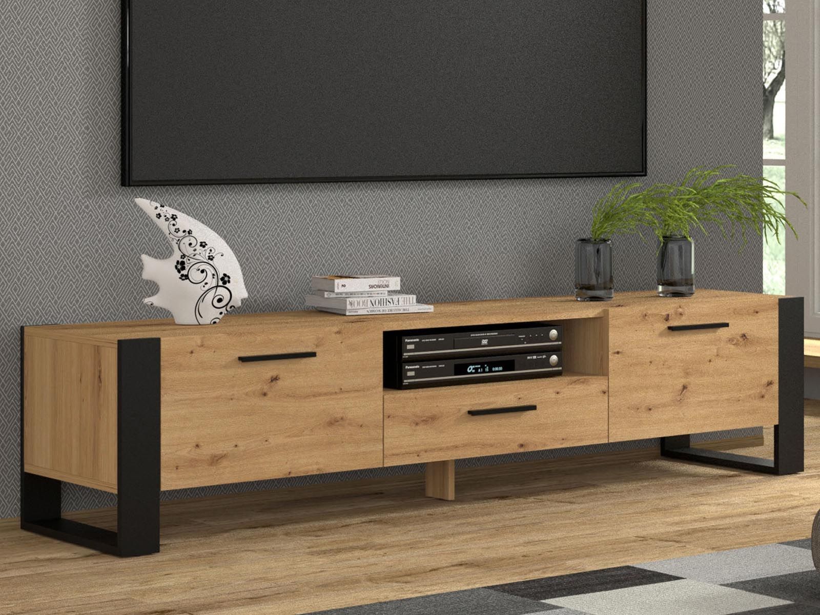 Meuble tv-hifi NAKUMI 3 portes 200 cm chêne artisan