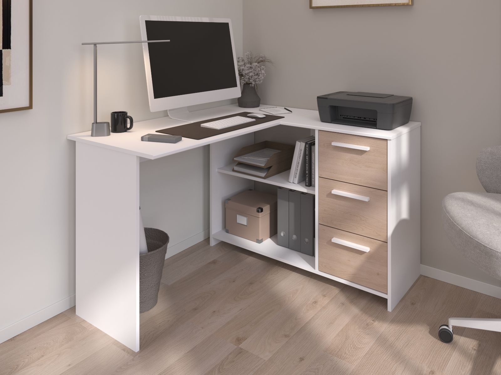 Bureau d'angle INFINITY 3 tiroirs blanc/chêne jackson