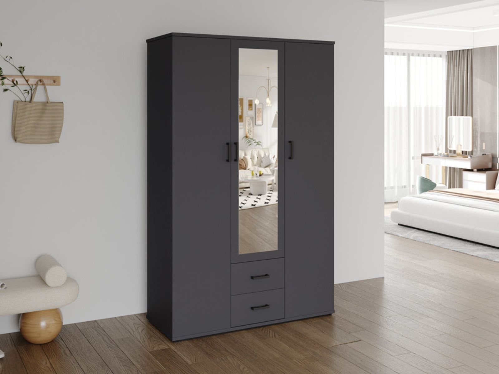 Armoire MARCELINO 3 portes 2 tiroirs gris foncé