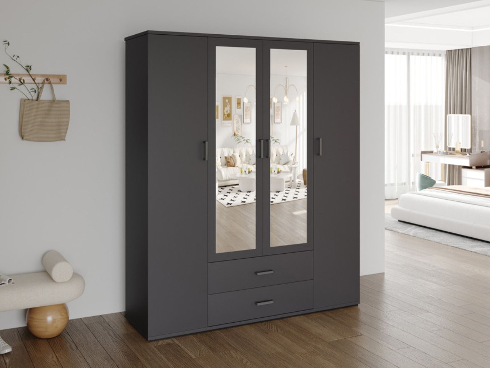 Armoire MARCELINO 4 portes 2 tiroirs gris foncé