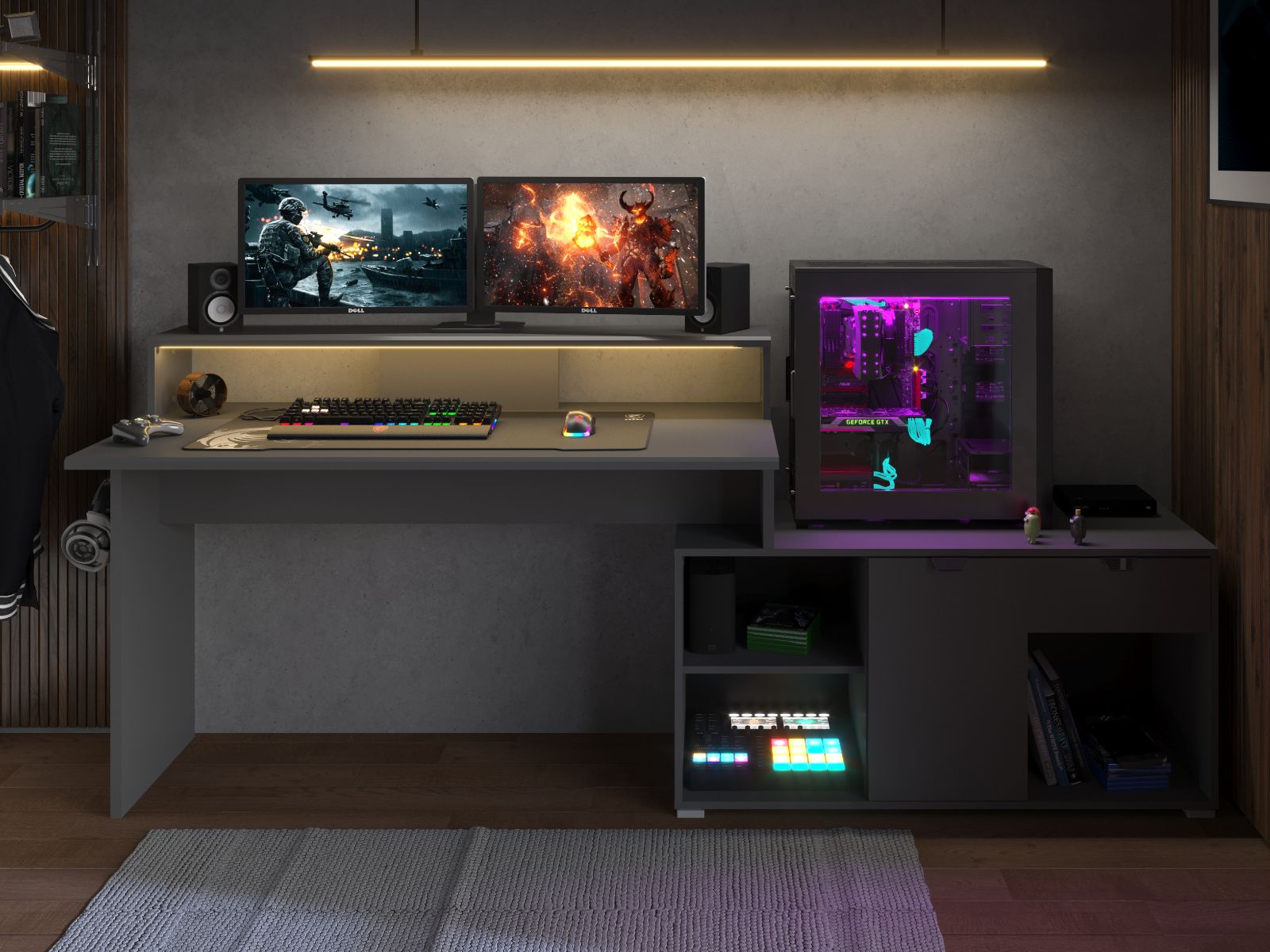 Bureau WORTHIT 2 portes 1 tiroir anthracite avec led