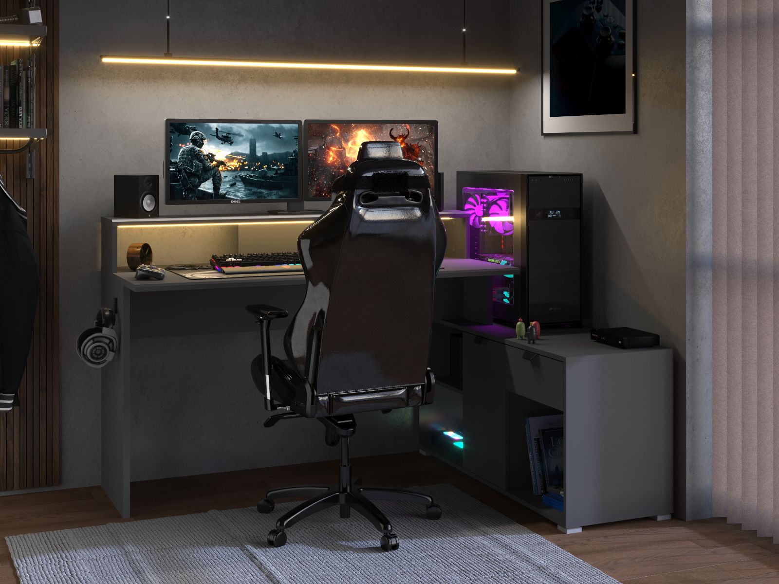 Bureau d'angle WORTHIT 2 portes 1 tiroir anthracite avec led