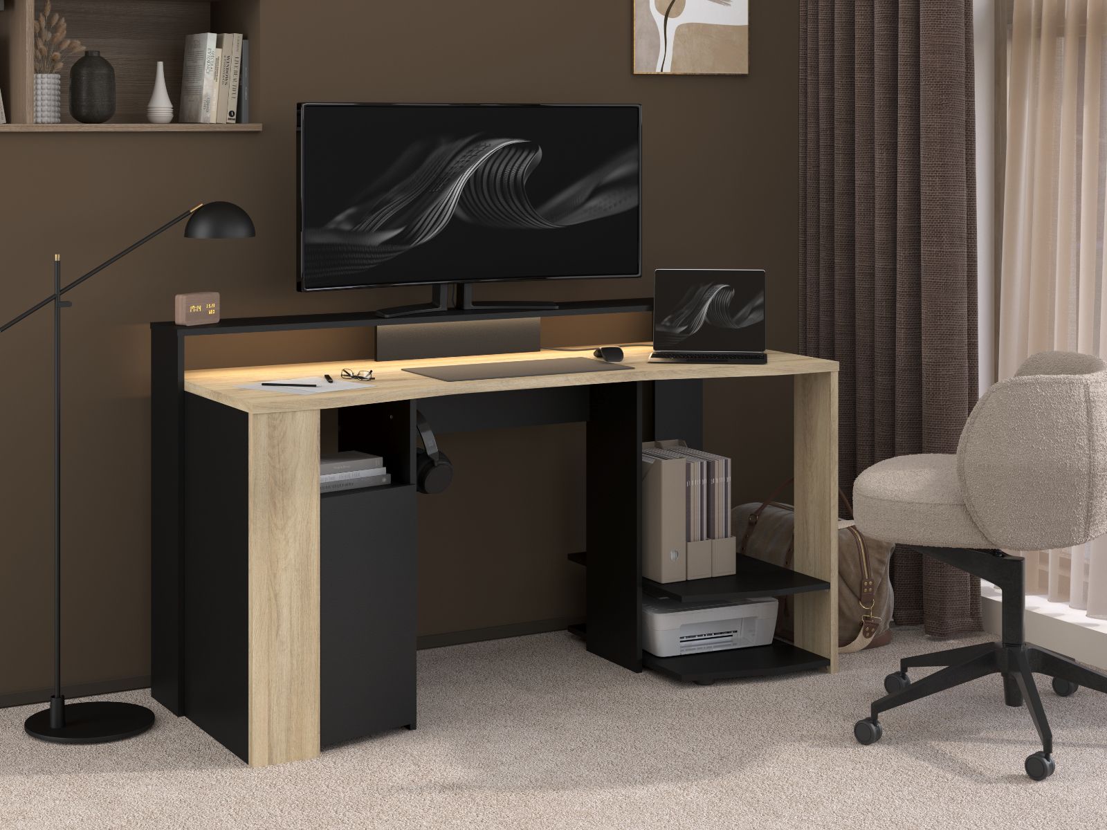 Bureau METACARP 152 cm chêne kronberg/noir avec led