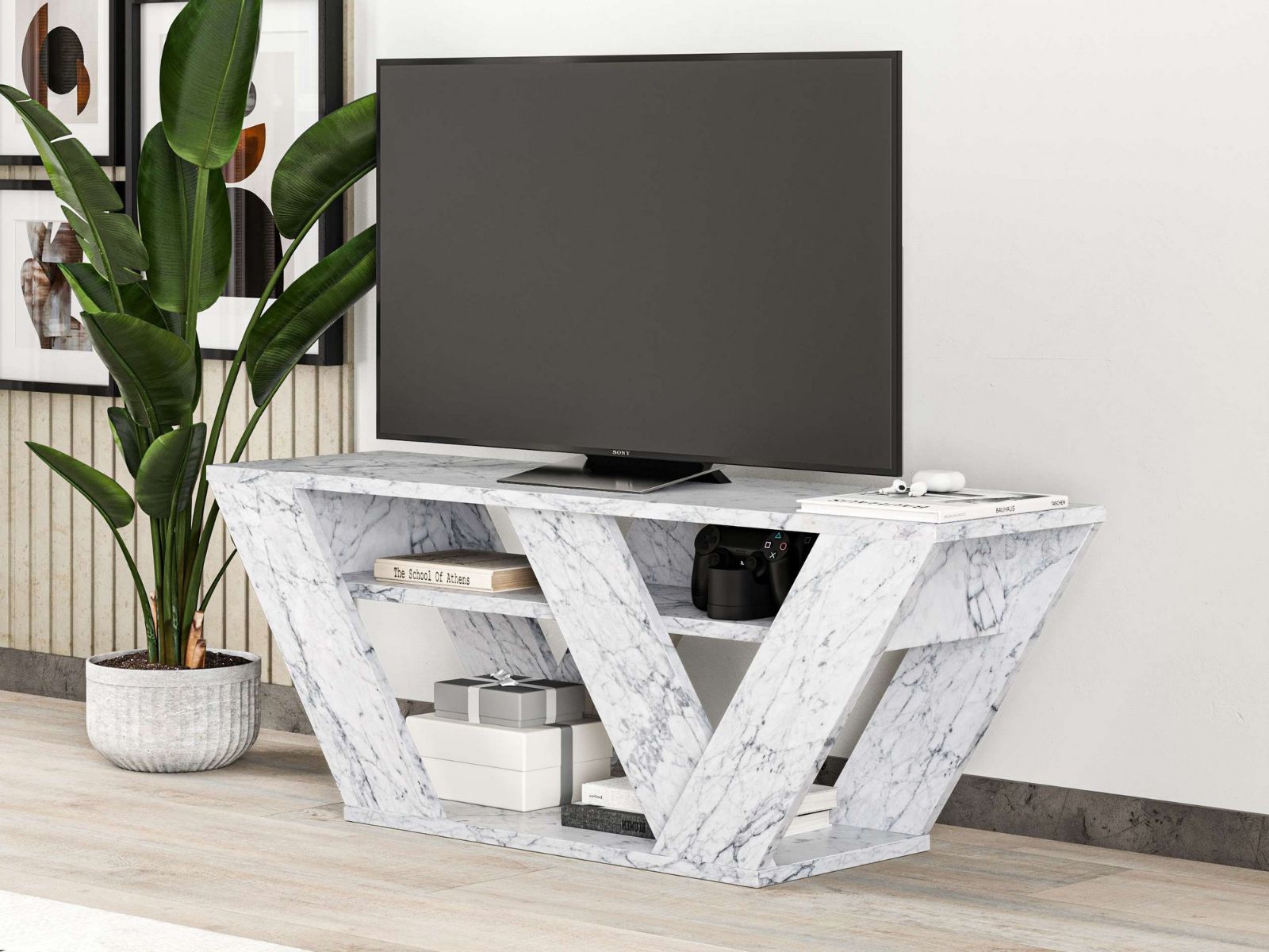 Meuble tv-hifi PIPO 110 cm marbre blanc
