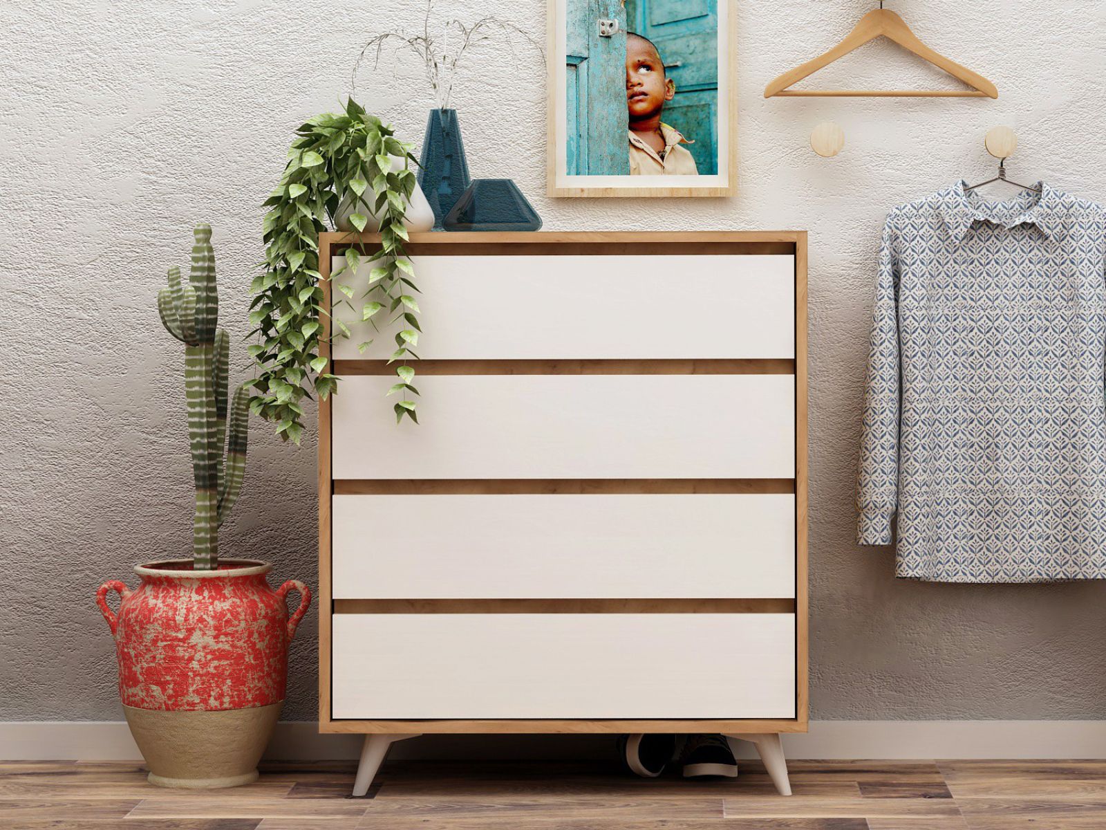 Commode TUVERA 4 tiroirs chêne/blanc