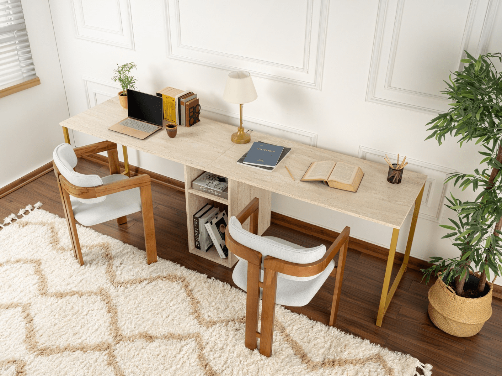 Bureau 2 personnes TWINNA 240 cm travertin/or