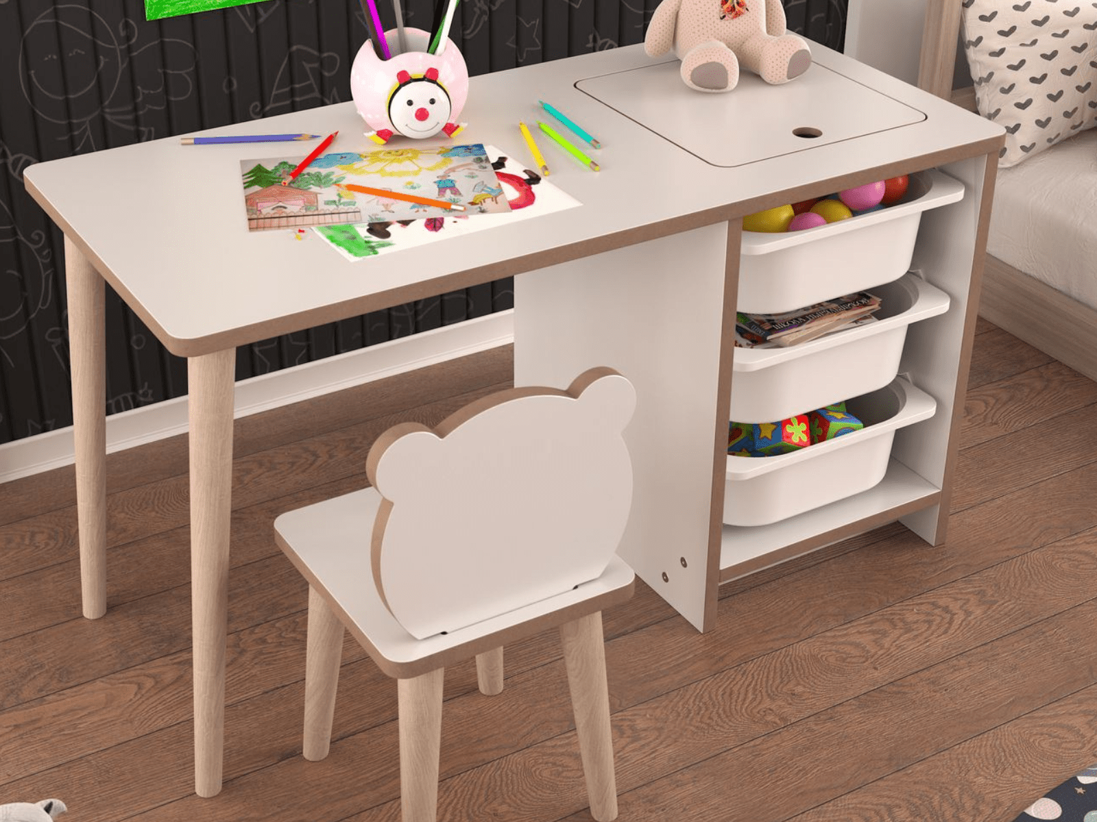 Ensemble bureau et chaise SOREO 3 tiroirs blanc