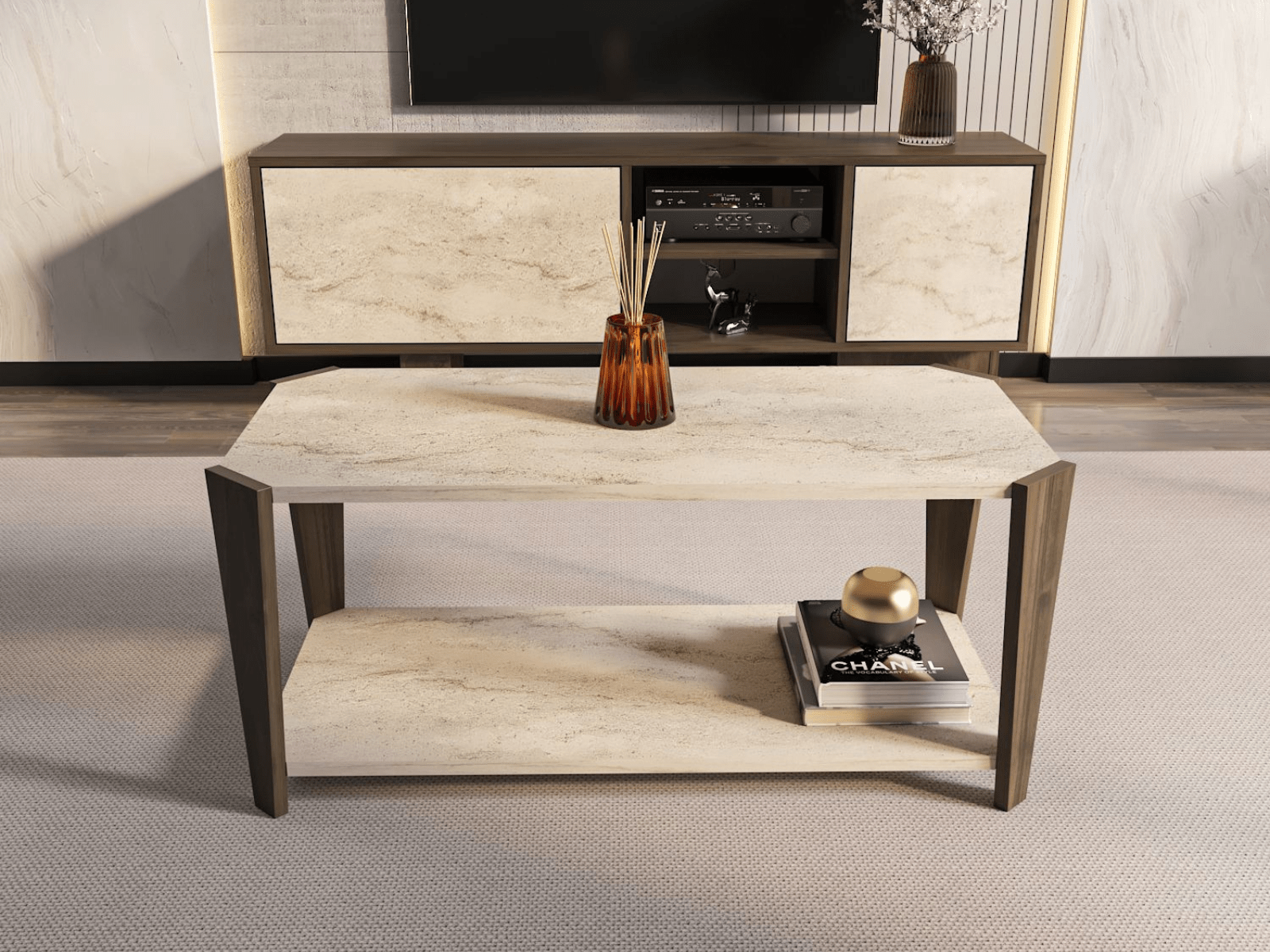 Table basse MONACAL 91 cm noyer/travertin