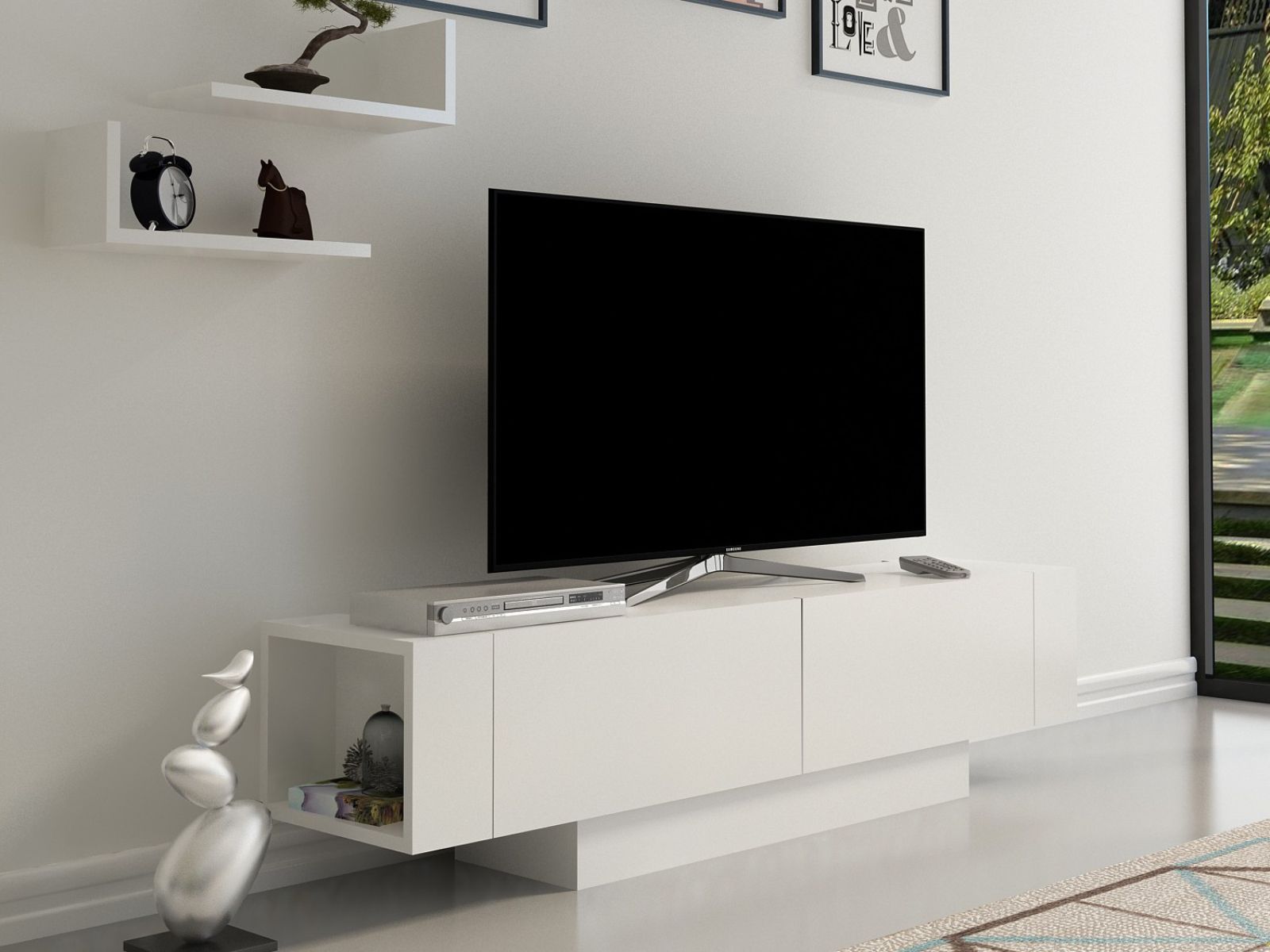 Meuble tv-hifi MATURAZI 2 portes blanc avec étagères murales
