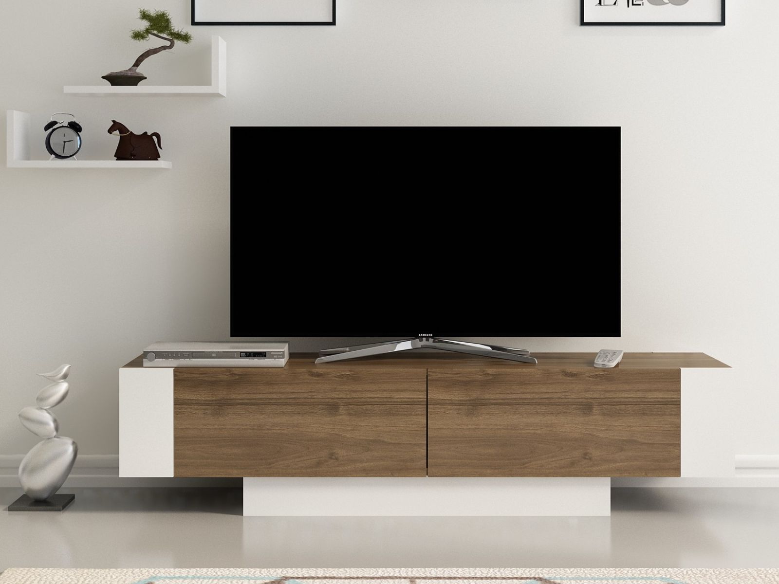 Meuble tv-hifi MATURAZI 2 portes noyer/blanc avec étagères murales
