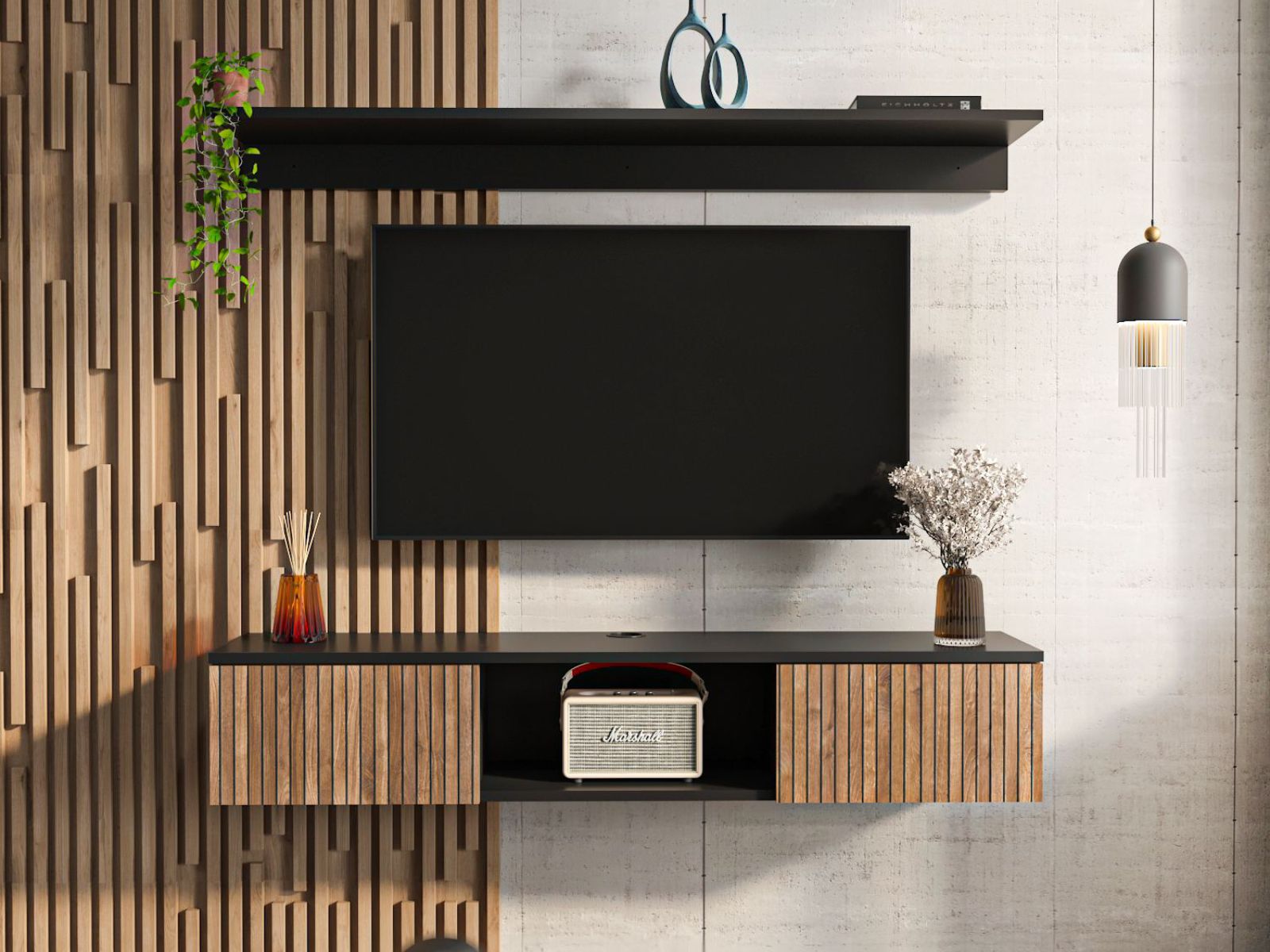 Meuble tv-hifi avec étagère ELIAME 2 portes noyer/noir