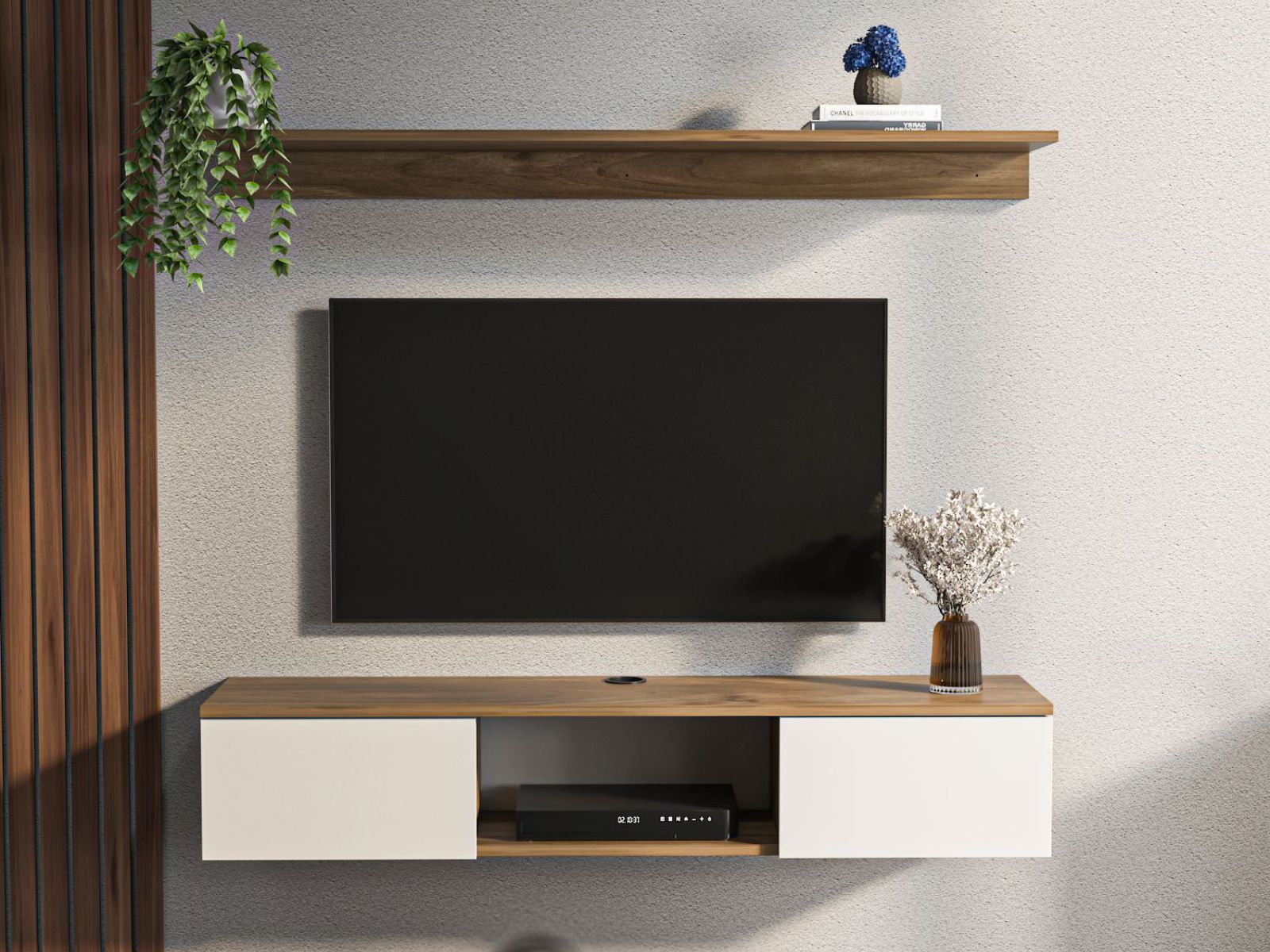 Meuble tv-hifi avec étagère ELIAME 2 portes noyer/blanc