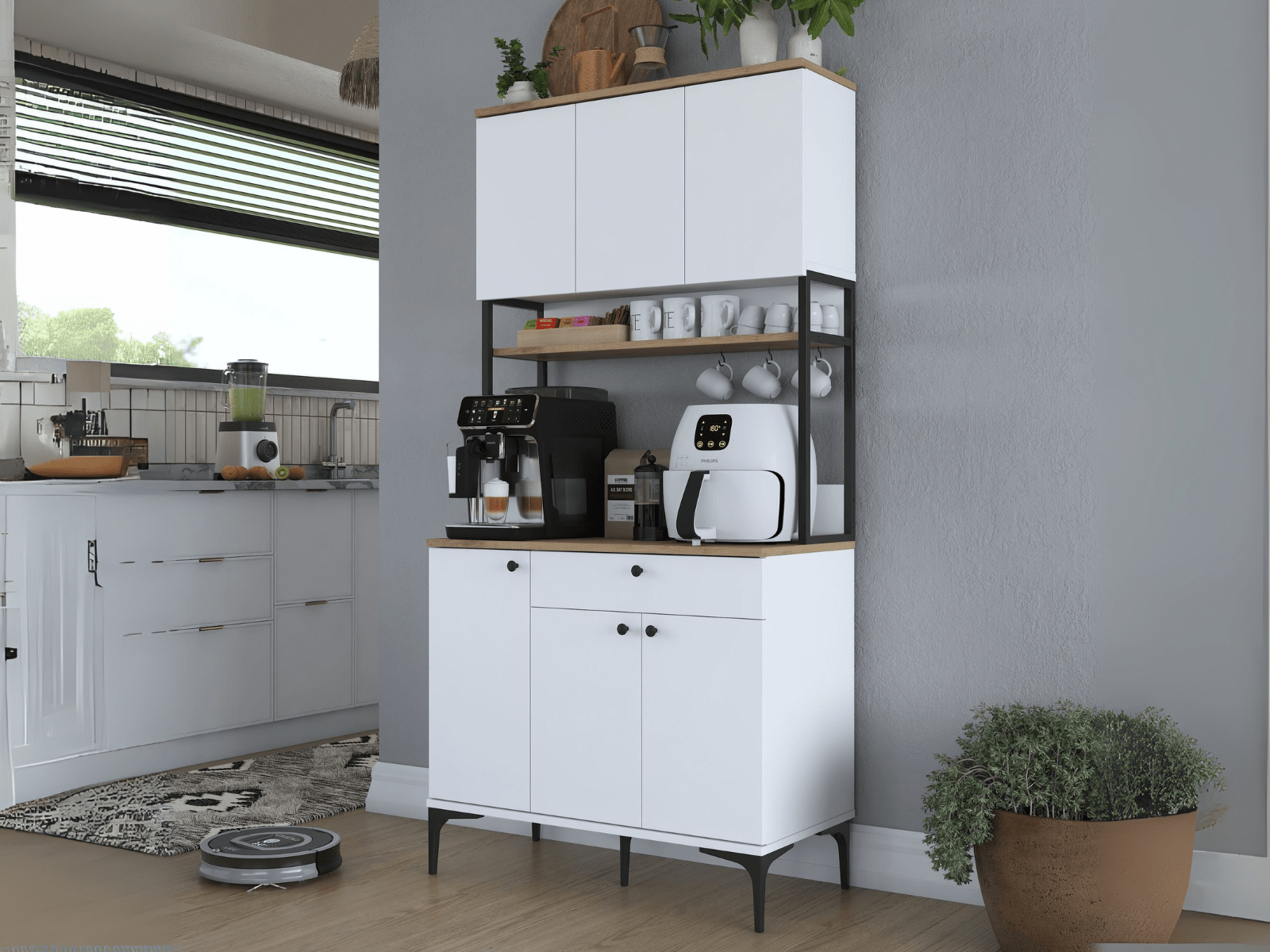 Buffet/bahut LIGNAC 6 portes 1 tiroir blanc/noyer